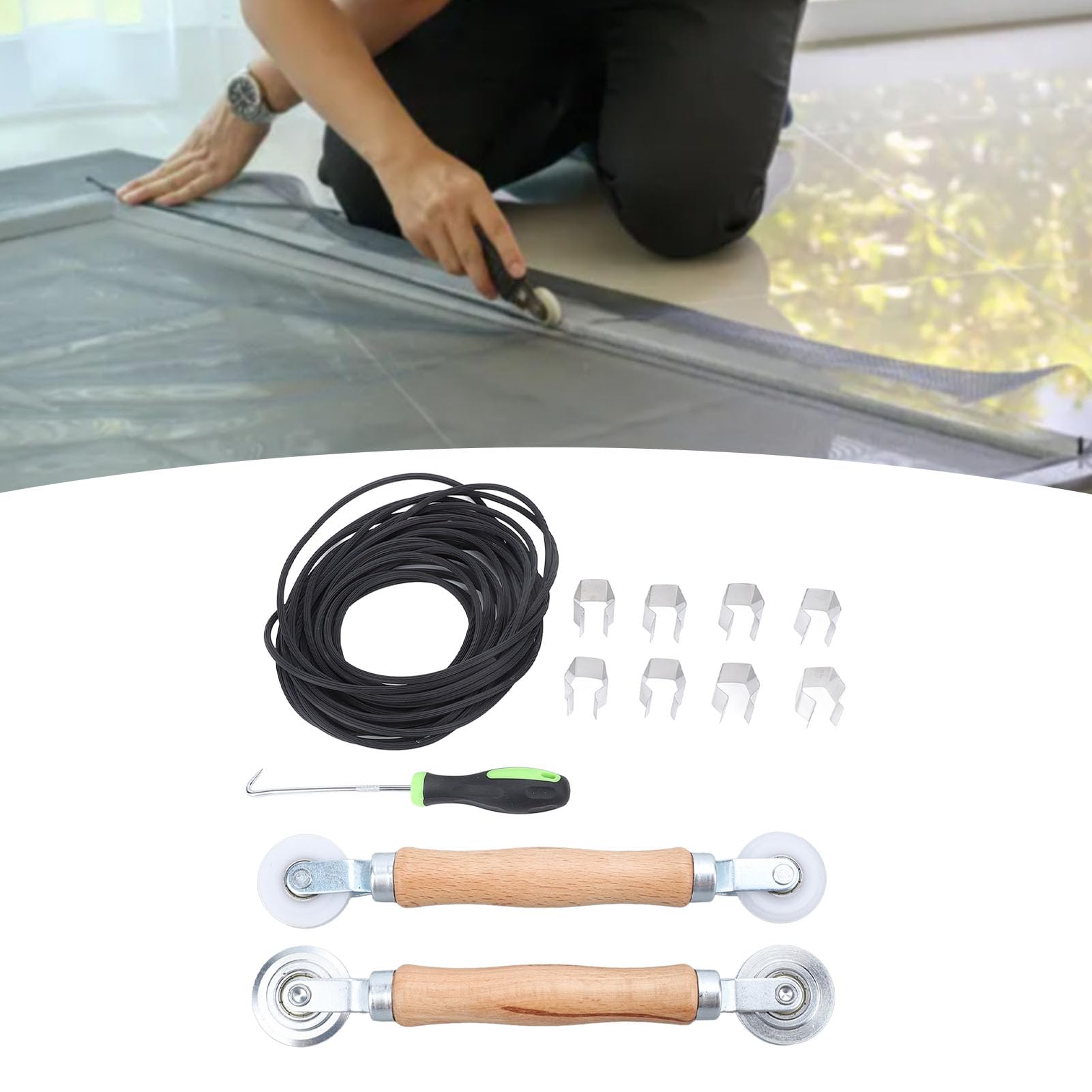 5-in-1 Window Screen Repair Kit With Roller Tool, Spline, Clips & Hook - Fix Screen Doors & Windows