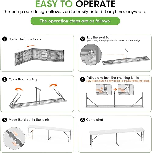 Miniatura 5 de HLPB Banco plegable de 6 pies, banco de plástico plegable con asa y mesa de polietileno de alta densidad suave, asiento de picnic portátil en