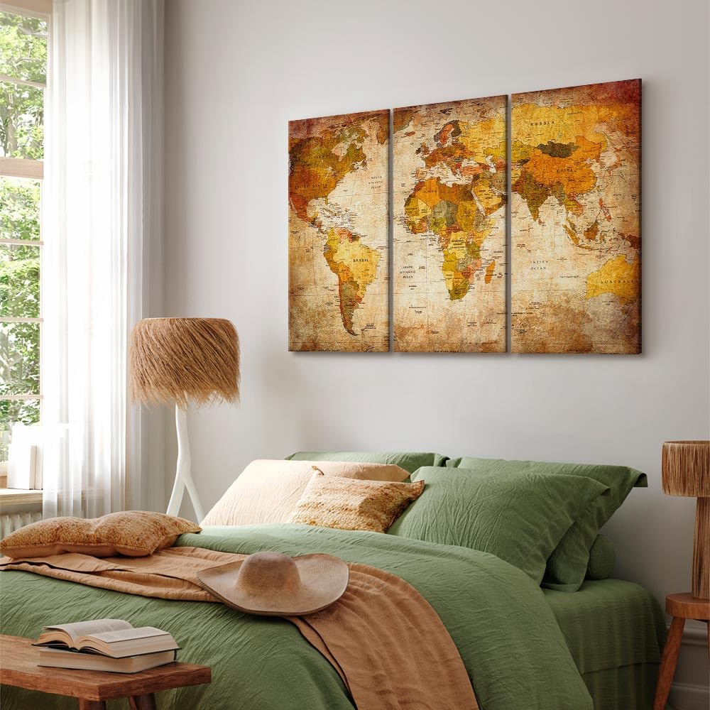 B&D XL - Quadro Acustico Mappamondo 135x90 cm 3 Pezzi schiuma acustica Quadri Moderni - Stampa su Tela - Protezione dai Rumori Fonoassorbente Mappa del Mondo Marrone Vintage Beige 020213-2