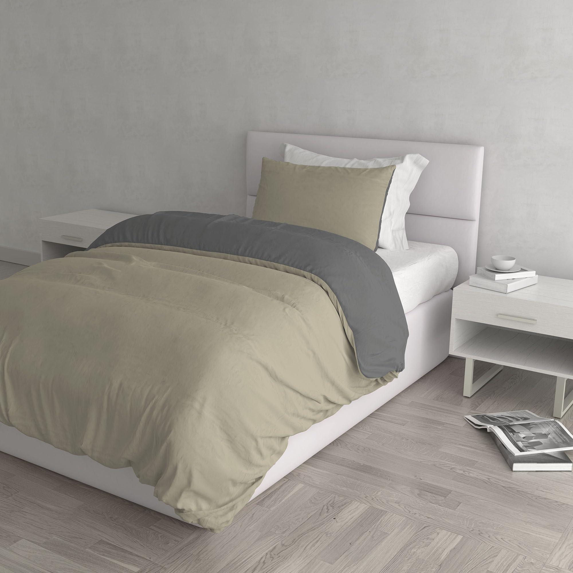 Italian Bed Linen Natural Color Duvet Cover Set with Doubleface Solid Colour Bag Sheet and Pillowcase, 100% Cotton, Dove Gray/Smoke, single