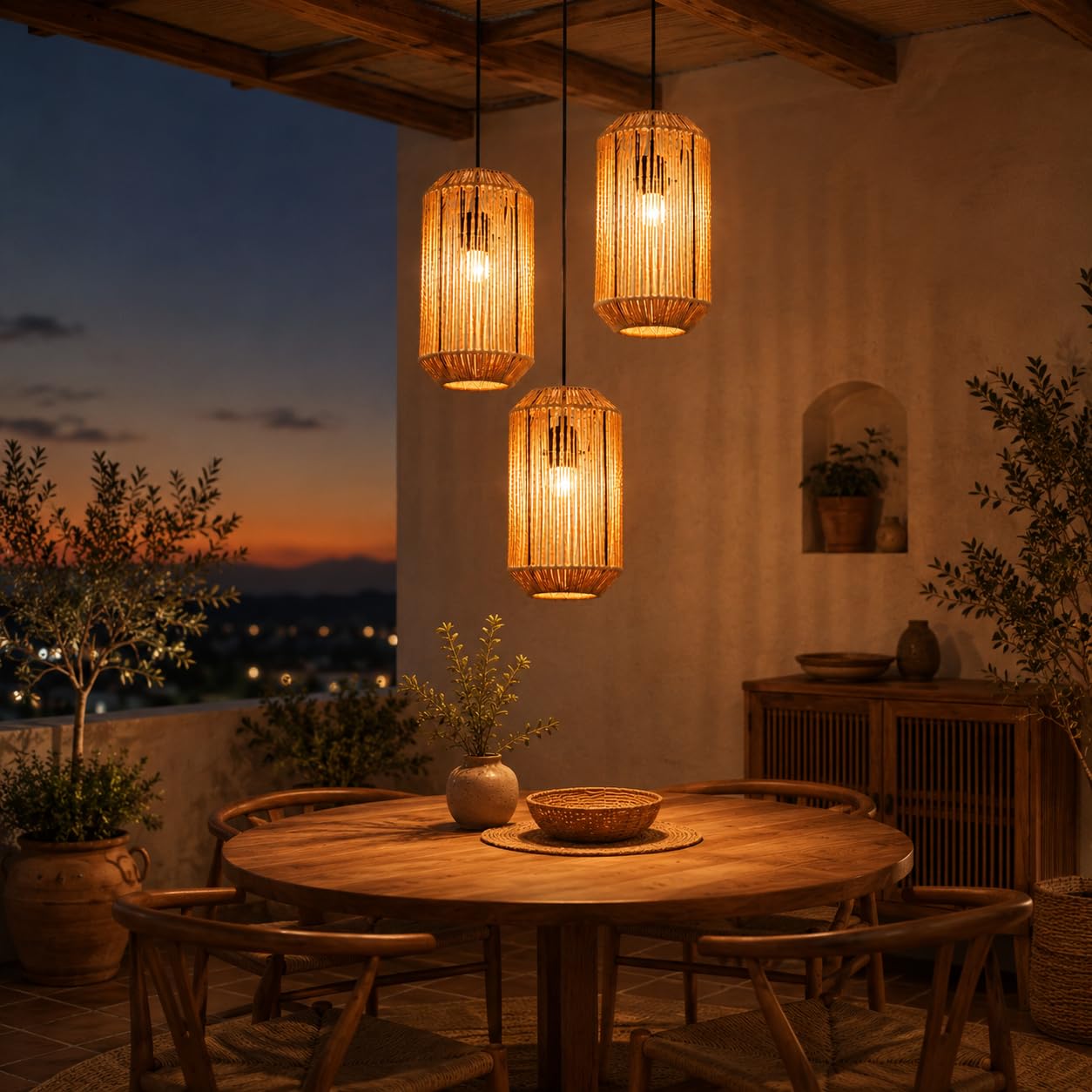 Lámpara Colgante Boho de Ratán, Altura Ajustable, 3 Luces, Diseño | Retro con Casquillo E27 para Comedor, Salón, Dormitorio y Cocina (Sin Bombillas Incluidas)