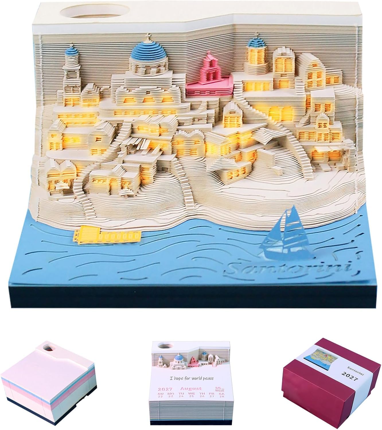 3D-Kalender 2027 Santorini zum Abreißen, Notizblock, Schreibtischkunst | Layered Paper Carving, Acrylic Display Cover, Compact tabletop decor, quick note sheets, gift ready stationery