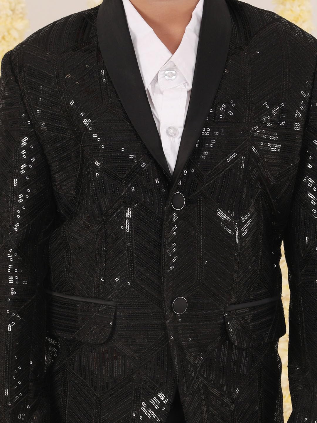 VASTRAMAY Boys' Black Blazer | Slim fit Blazer in Velvet Fabric, has a Shawl Collar, Long Sleeves, Single-Breasted with Button Closures_VASBCT018BL_26 2