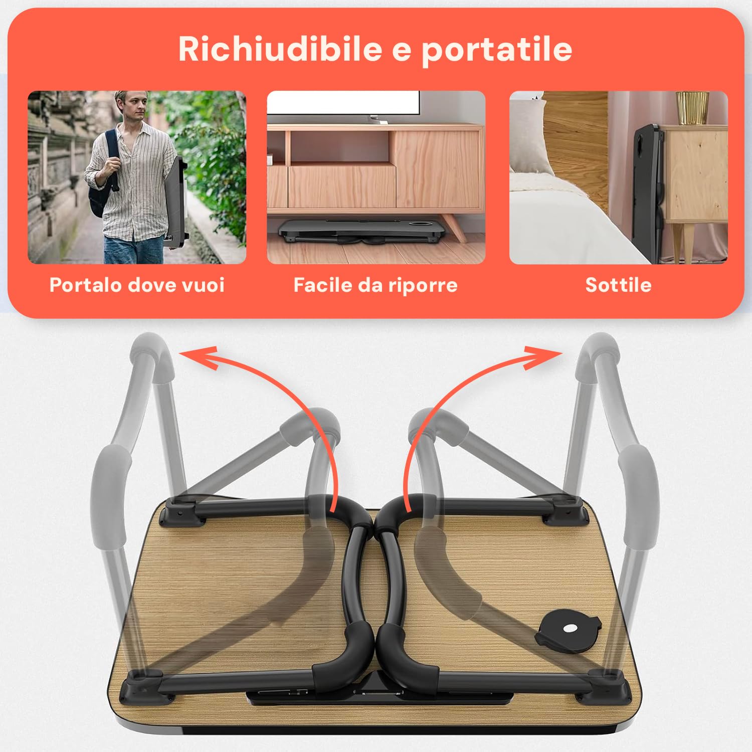 Wintem - Tavolino da Letto Pieghevole Nero 60x40 cm con Porta Bicchiere e Supporto Tablet | Tavolino Salvaspazio per Colazione, Studio o Relax su Letto o Divano