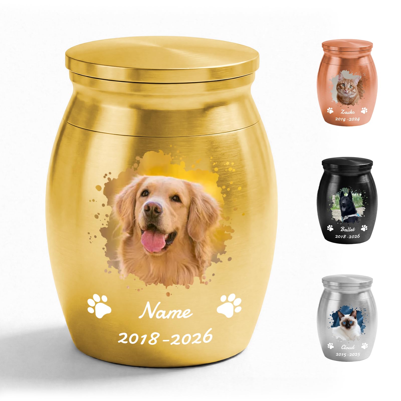 Mccxva Personalized Dog Urns for Ashes, Stainless Steel Small Custom Cremation Urns with Name Photo Date, Mini Urns for Pet Keepsake Memorial, Pet Urns for loved Dogs Puppy Cats Loss (Gold)
