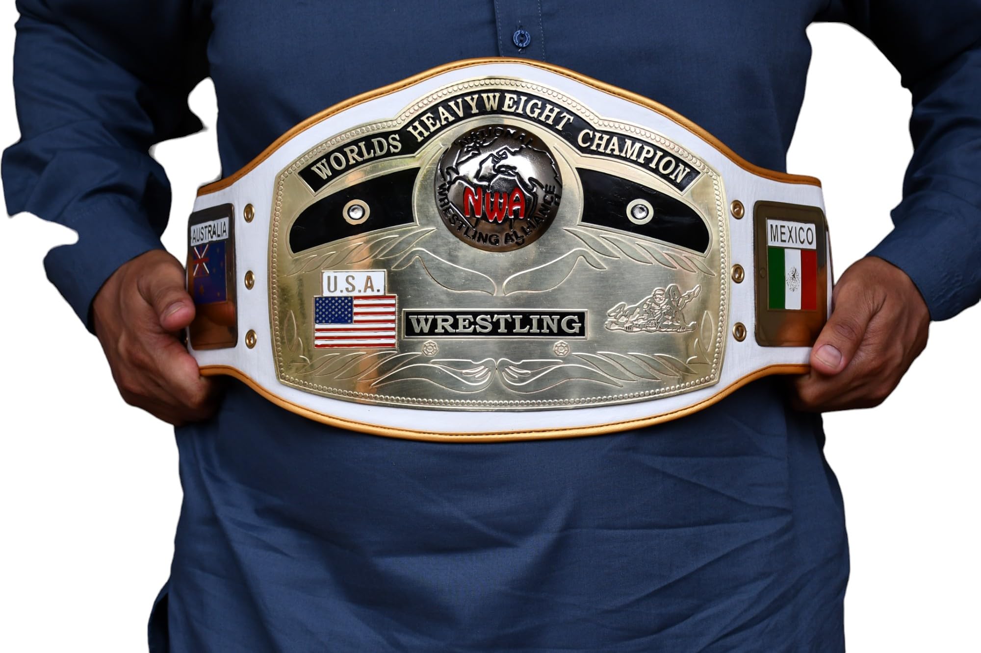 : NWA Dome Globe Championship Belt - Premium white strap and golden lining