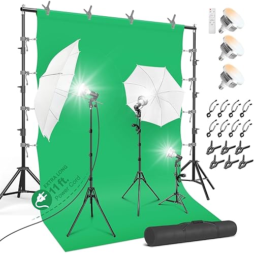 10 x 9.6 ft. Heavy Duty Backdrop Stand / 10 x 20 ft. Green Background Screen / 700W Continuous Output Umbrella Lighting Kit, AGG408