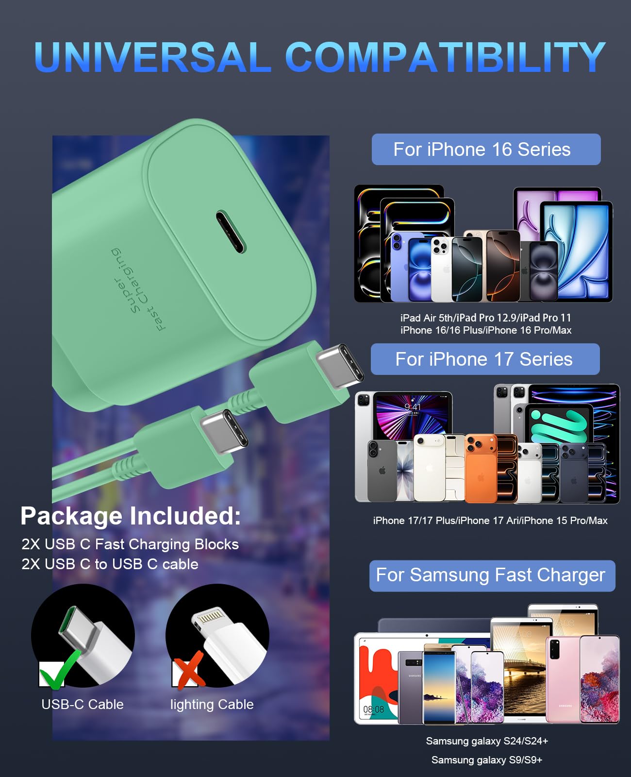 Phone 15 Pra Max - Caricabatterie rapido da 30 W, USB C Phone 15 e cavo di tipo C lungo 3 m per telefono 15/15 Pro Max/15 Pro/15 Plus/Pro 12,9/11", S24 Ultra, verde