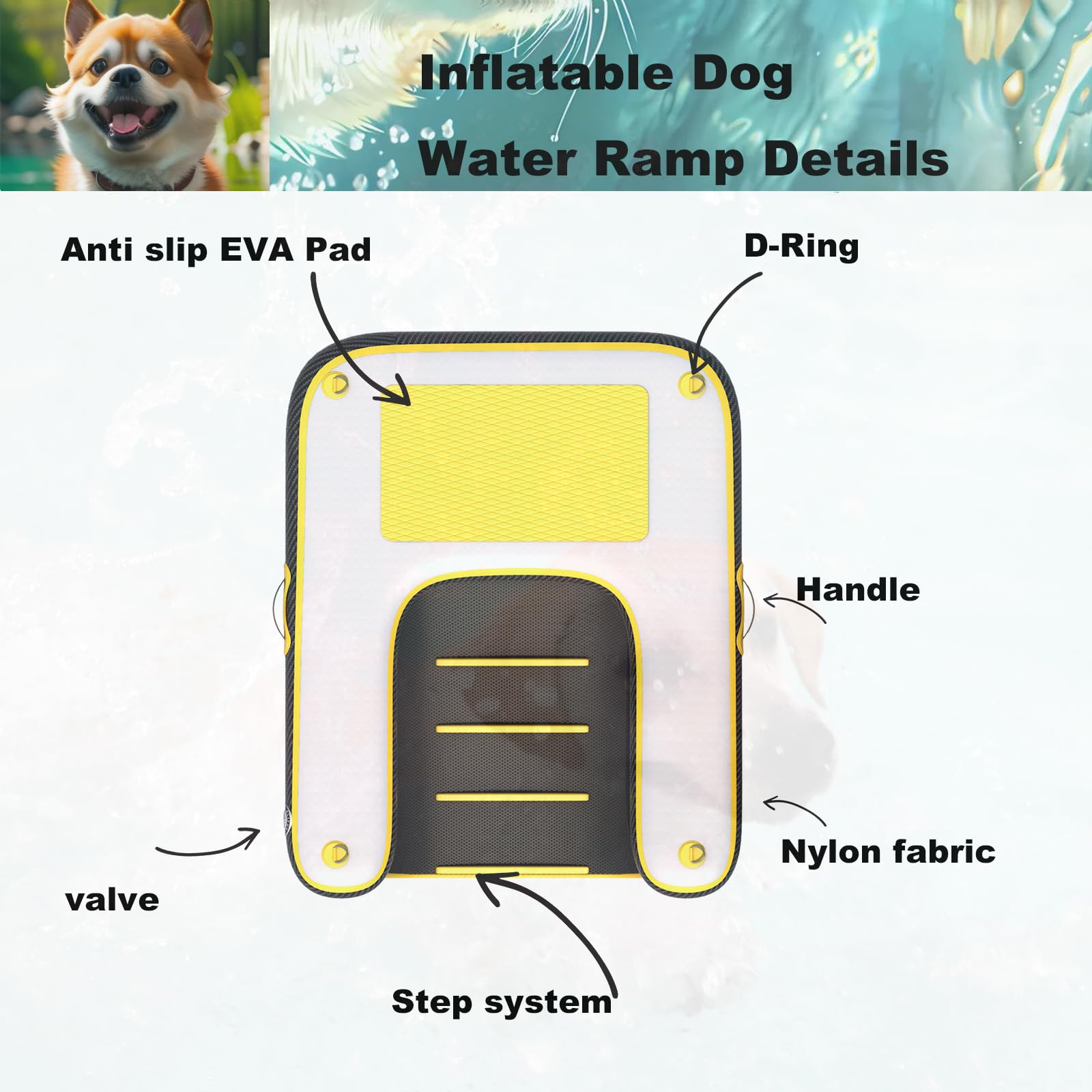 Rampa gonfiabile per cani e barca, scaletta per sport acquatici, piattaforma galleggiante per piscina, animali domestici, scaletta gialla 1,2 x 0,9 x 10,2 cm
