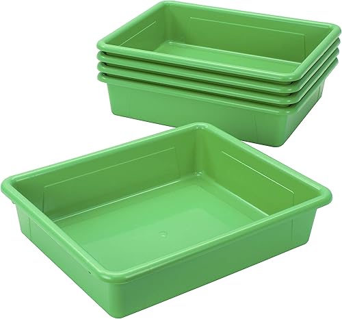Miniatura 5 de Storex Bandeja de almacenamiento plana tamaño carta, contenedor organizador con tapa sin broches para aula, oficina y hogar, verde, paquete de 5