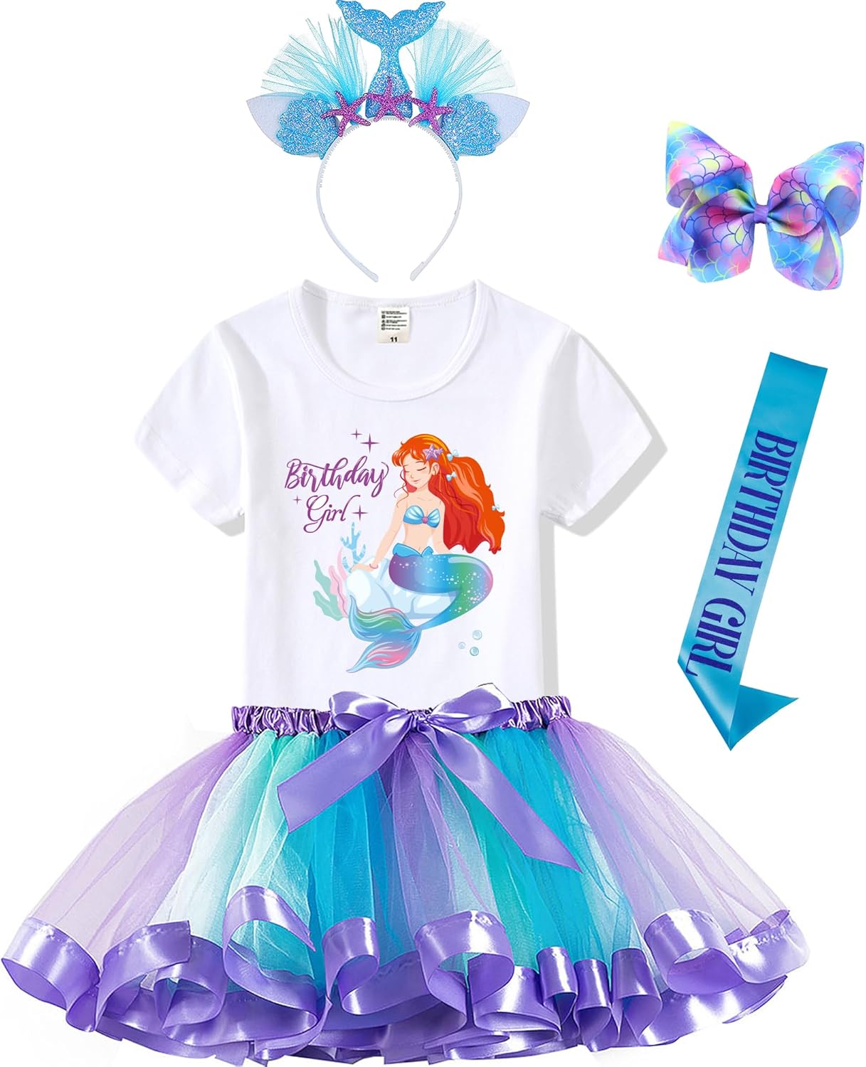 Tutu and Sian Mermaid Outfit Set – Shirt, Rainbow Tutu Dress, Satin Sash, Headband – Birthday Gifts for Girls Costume