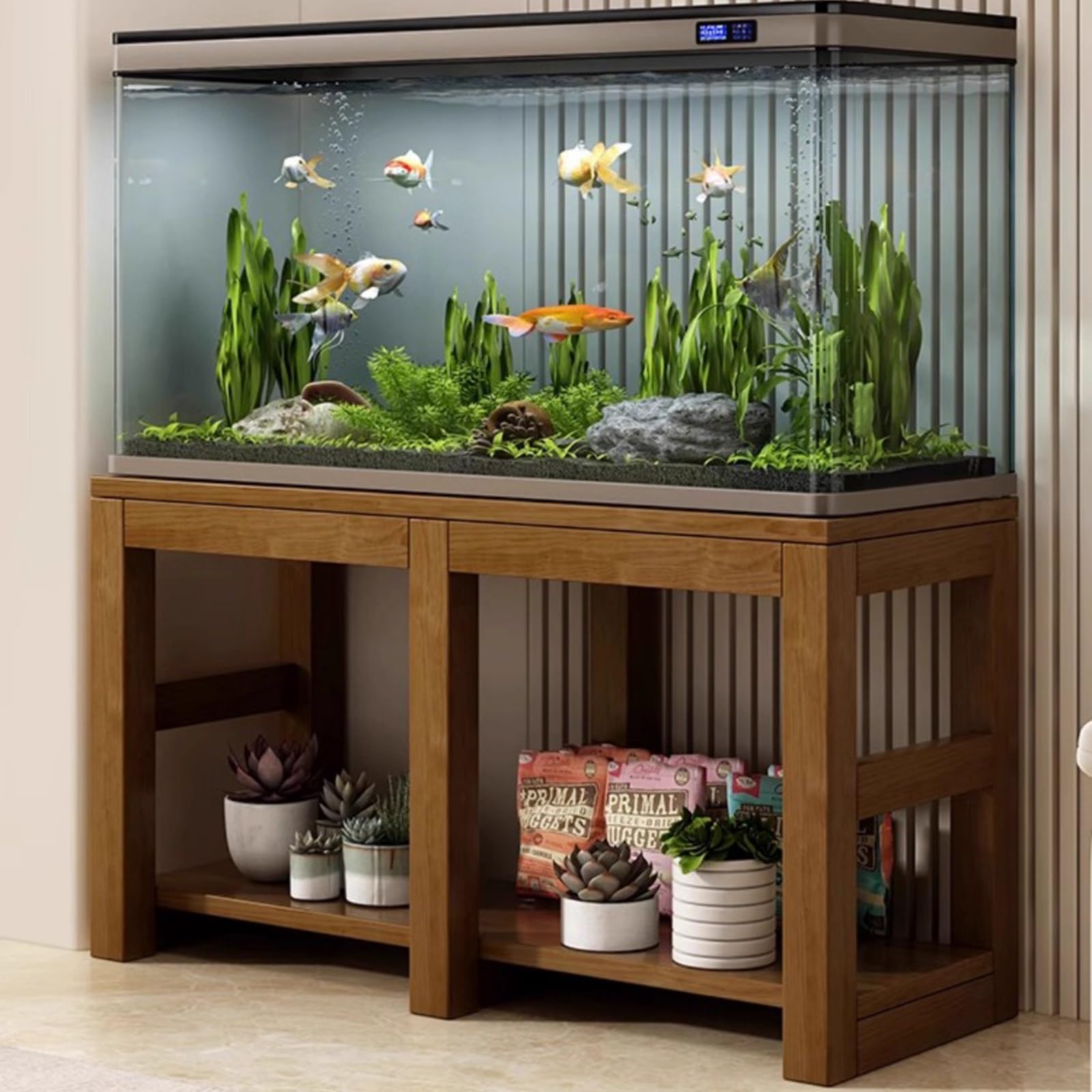 Solid Wood Aquarium Stand, Wide Multi-tier Fish Tank Stand, Minimalist and Versatile, Flexible Storage, Sturdy, Suitable for Living Rooms and Balconies(Walnut,59.1x15.7x24.4in)