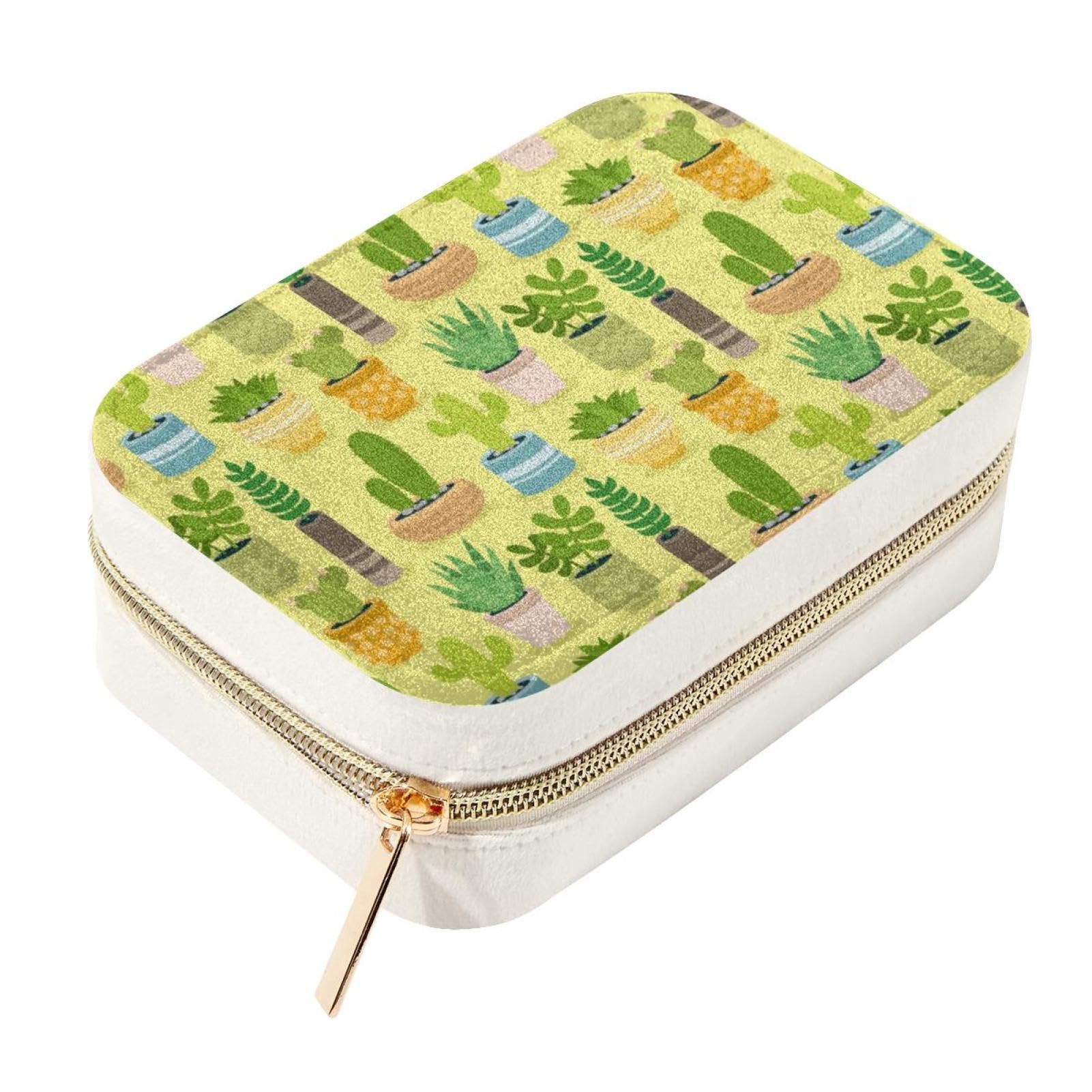 Boîte à bijoux en velours premium jaune et vert au motif cactus élégant et raffiné