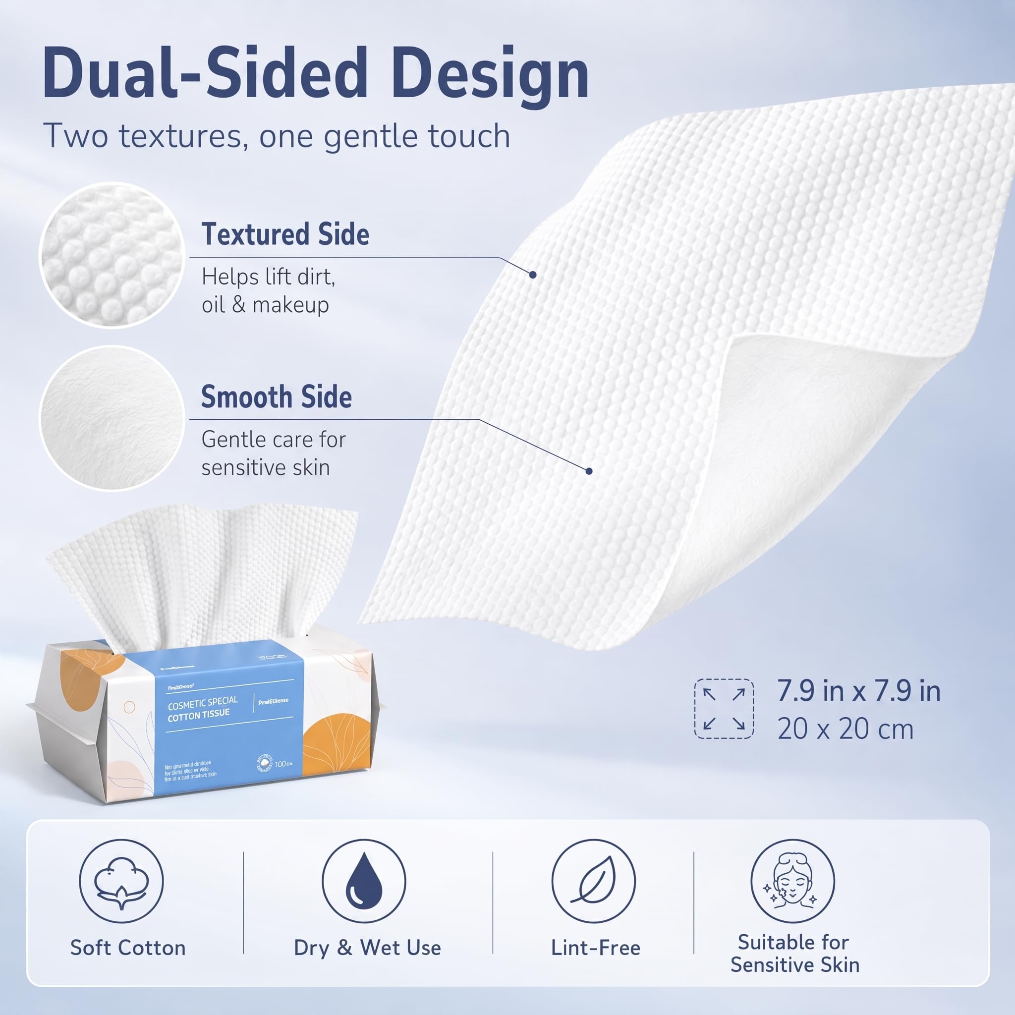 PoeticEHome Toallitas secas extra gruesas – 300 unidades – Libres de pelusa 100% algodón para la cara, toalla seca de uso húmedo para piel sensible, limpieza de superficie, tamaño grande