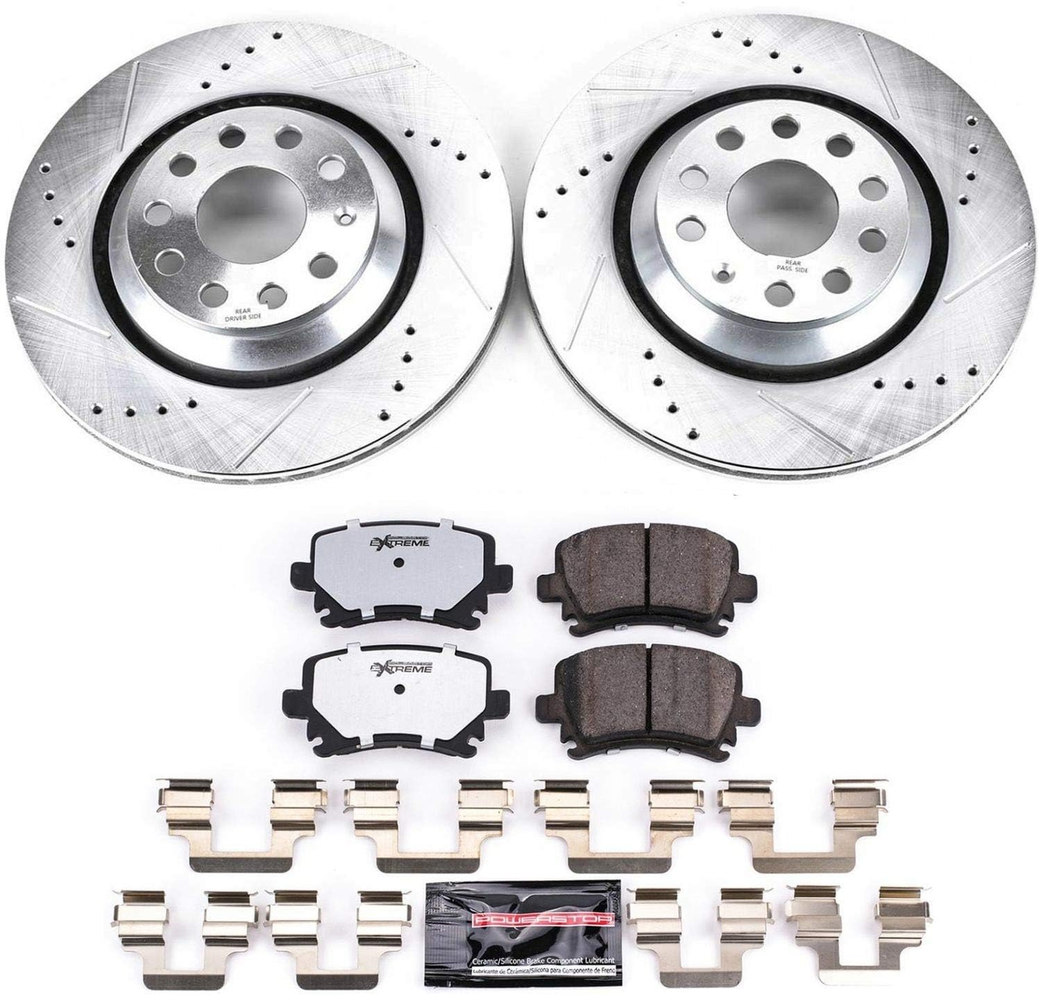 PowerStop Rear Brake Kit For Volkswagen CC 2009-16 |Golf R 2012-13 |GTI 2015-21 |Passat 2006-09 |R32 2008 - Carbon Fiber Ceramic Brake Pads + Drilled & Slotted Rotors Upgrade, K4628-26