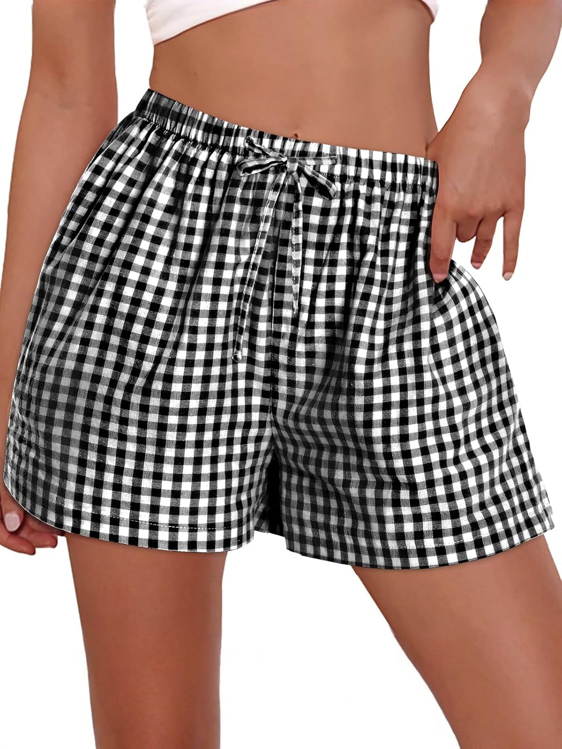 Women Boxer Shorts Comfy Gingham Drawstring Pajama Bottom Plaid Casual Pants with Pocket - Image 3