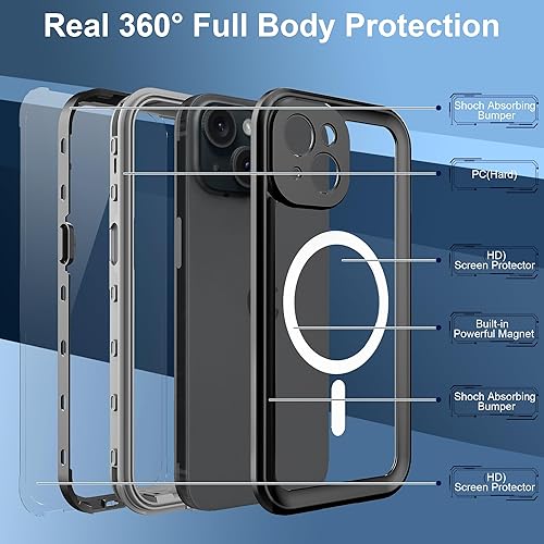 Miniatura 9 de Ezanmull Funda impermeable magnética para iPhone 15, compatible con MagSafe, con protector de pantalla, IP68 bajo el agua, a prueba de caídas de 15