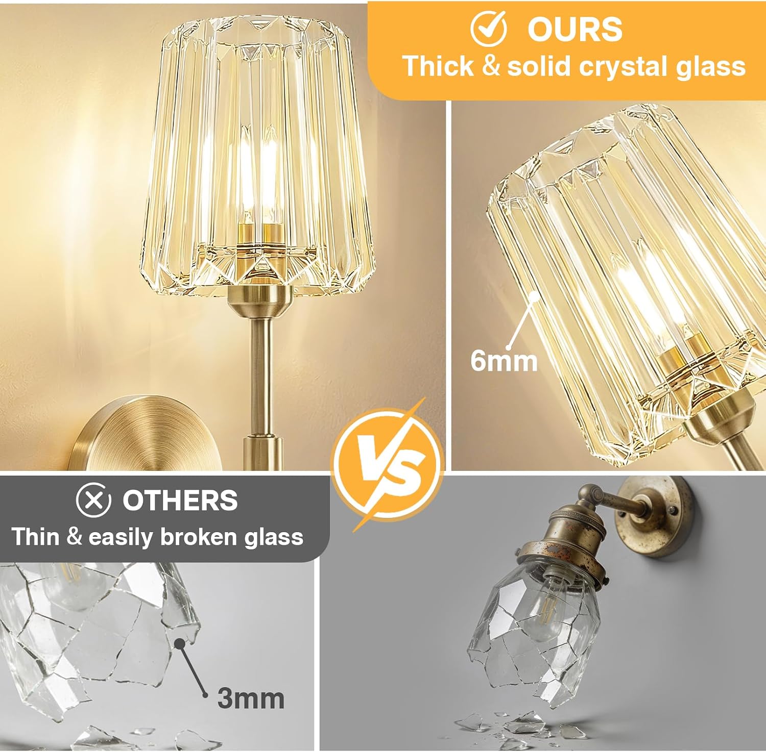 2 Packs Crystal Battery Wall Sconces, Rechargeable Wireless Clear Lights, 12 Color Changing & 3CCT Dimmable, Gold Metal Finish Clear Glass Wall Lamps for Bathroom Dining Room Bedroom Accent