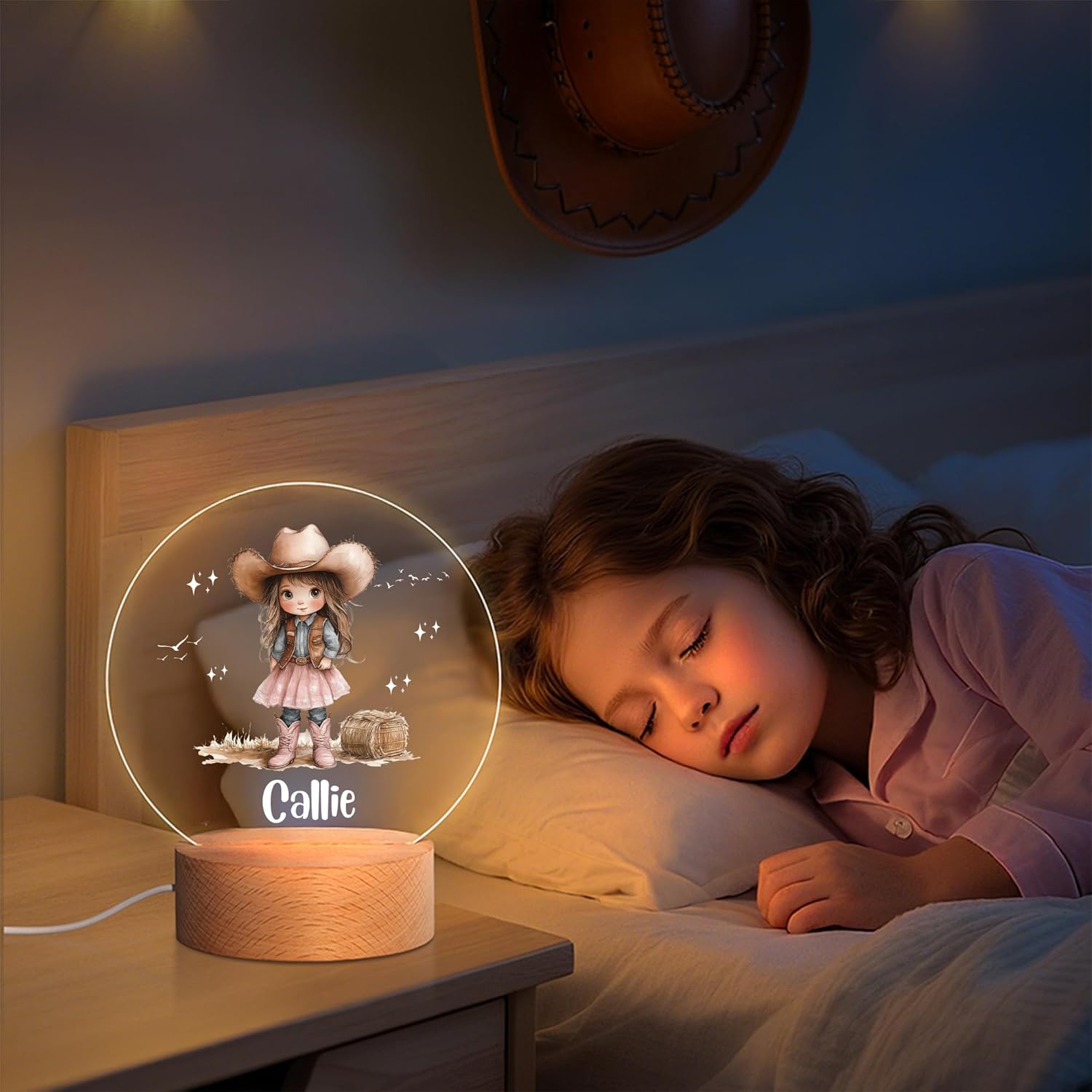 Personalized Night Light with Name, Custom Acrylic Lamp on Beech Base, Room Decor Night Lamp, Birthday Gifts for Kids (Cute Cowgirl)