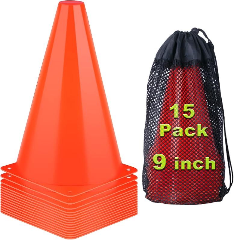Conos deportivos de 9 pulgadas, paquete de 15 conos de fútbol naranja, marcador de campo de agilidad para entrenamiento, conos de tráfico de plástico para ejercicios de fútbol, ​​baloncesto, práctica multiusos, juegos en interiores y exteriores, actividades, eventos de fiesta