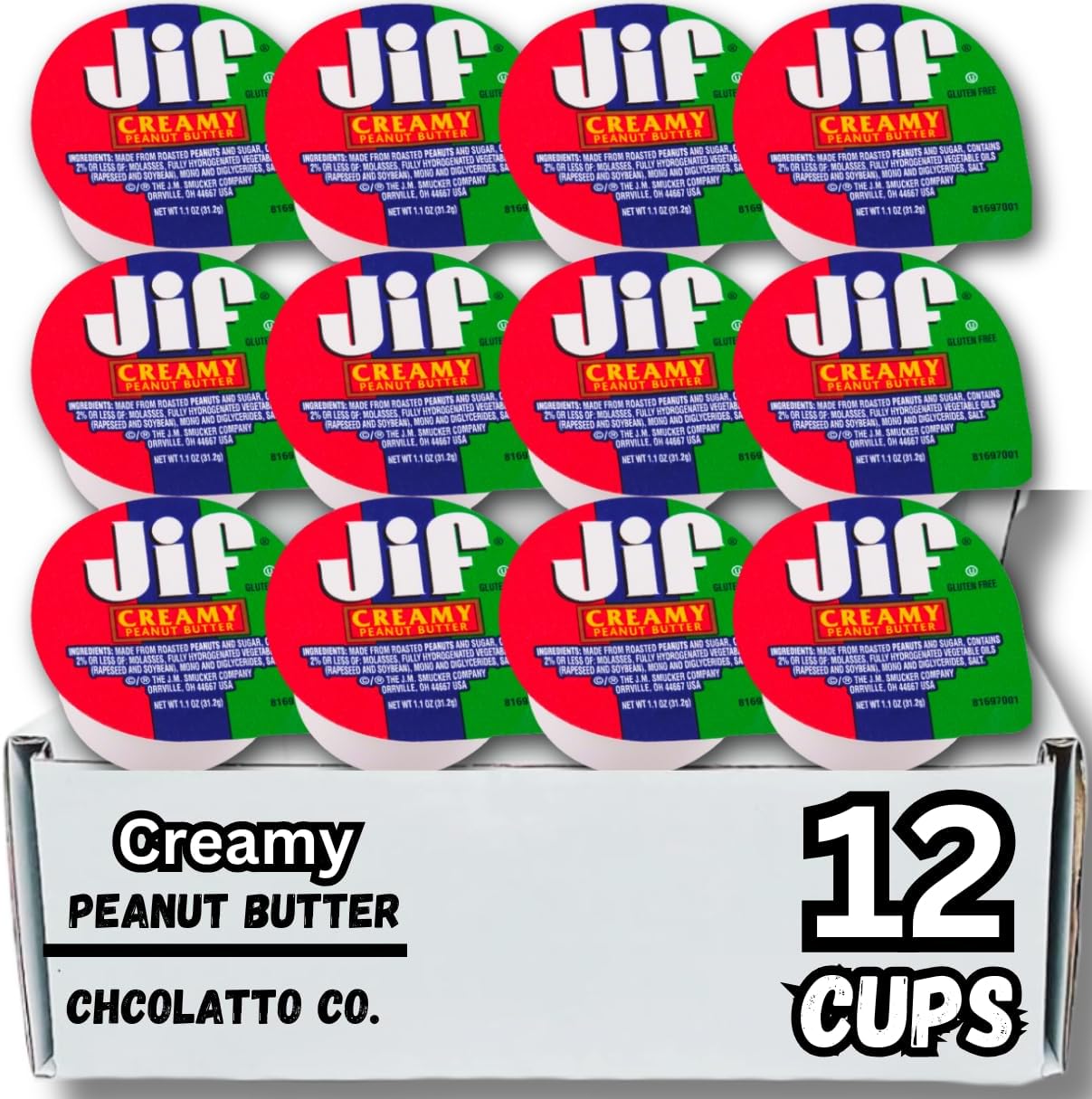 JIF To Go Creamy Peanut Butter 12 Cups Count (Chocolatto Tradmark Box Included)