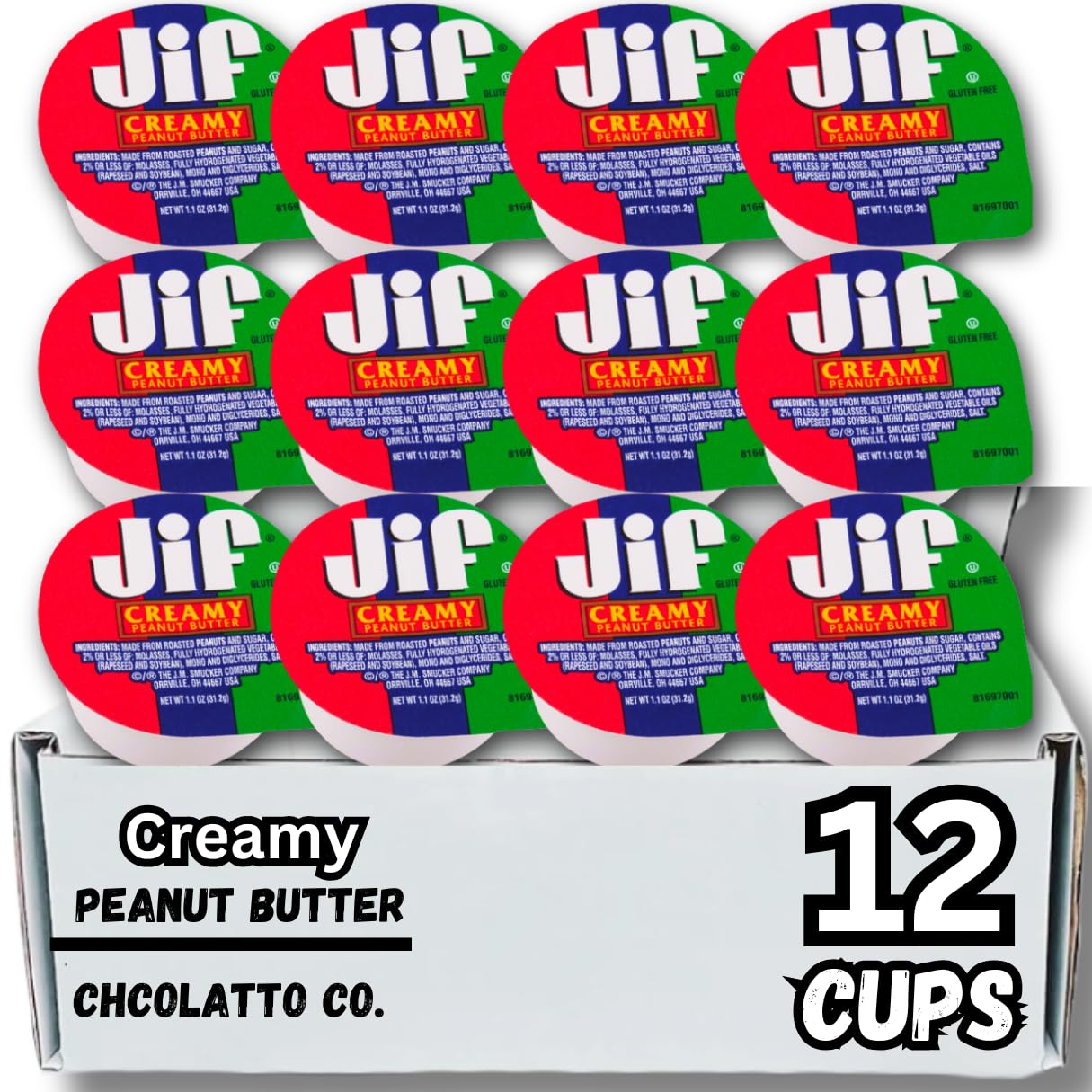 JIF To Go Creamy Peanut Butter 12 Cups Count (Chocolatto Tradmark Box Included)