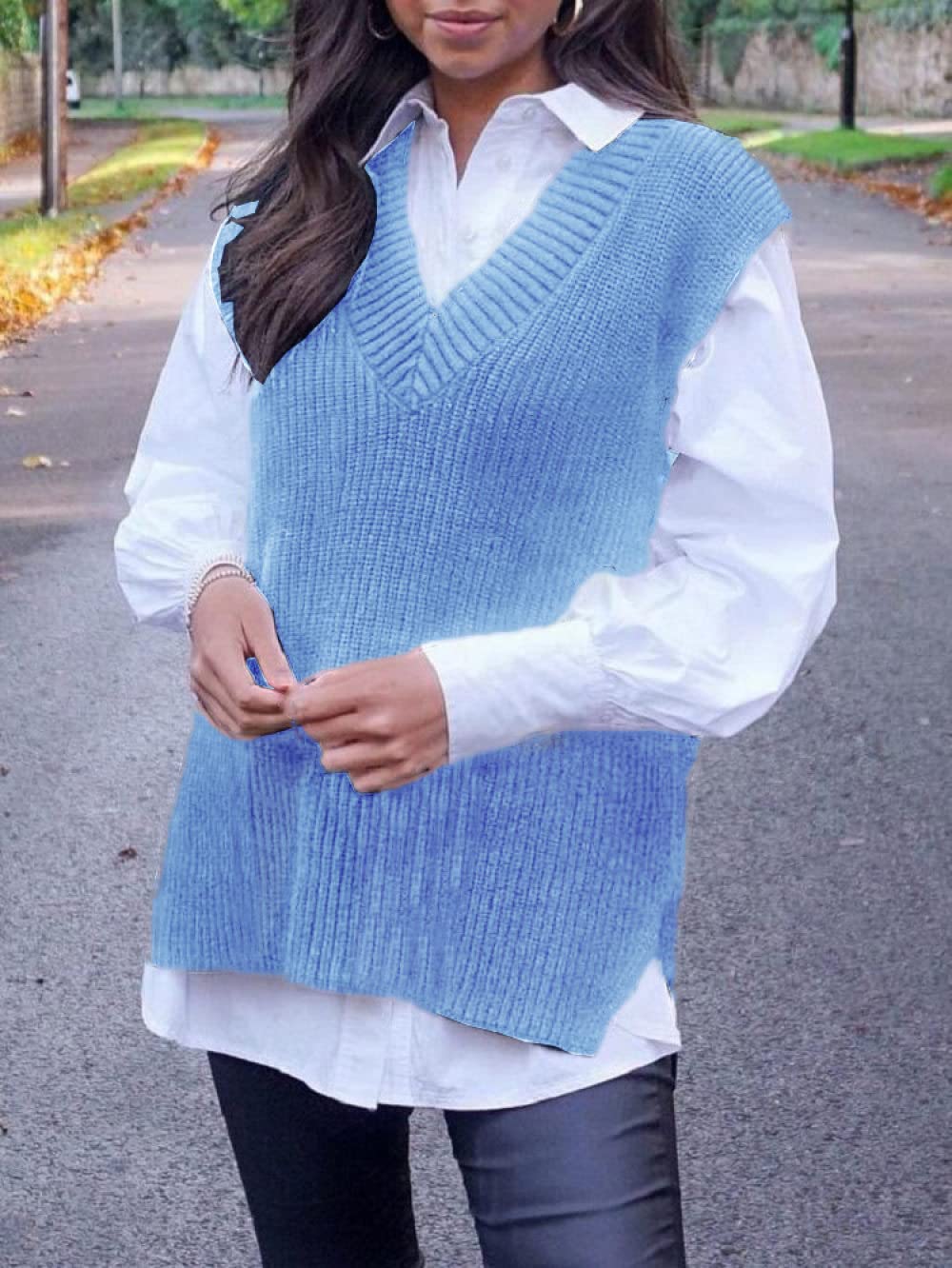 OZEO Gilet Donna,Maglione Casual da Donna Gilet Blu Semplice A Costine con Scollo A V Lavorato A Maglia Gilet Senza Maniche Tinta Unita Maglioni Moda Streetwear Gilet Canotte per Ragazze da Donna,XL