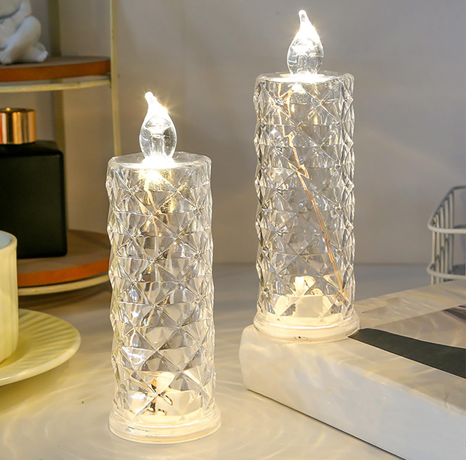 Led Crystal Candle Lights, Flameless LED Candles, LED Flameless Candles with Rose Shadow, 2/4/6PCS Rose Shadow Battery Operated Candles, for Valentines Anniversary Wedding (2PCS)
