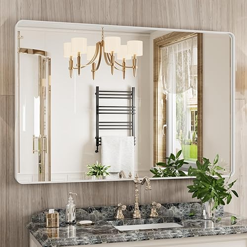 Miniatura 90 de Espejo de baño dorado, 48 x 30 pulgadas, espejo de marco de metal dorado cepillado para pared, espejo rectangular redondeado de tocador de baño