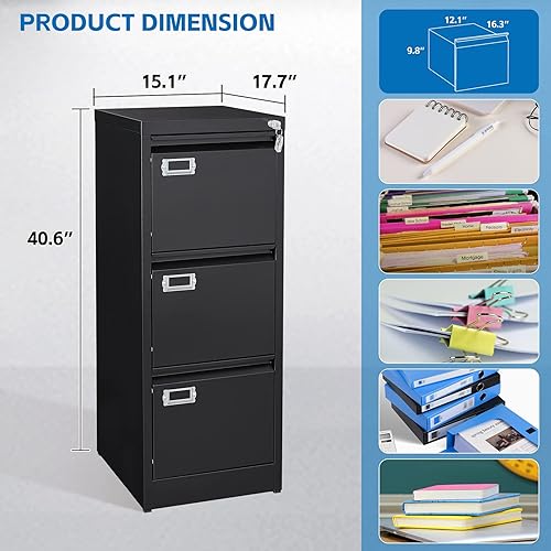 Miniatura 3 de BYNSOE Archivador de 3 cajones con cerradura, archivador vertical de metal para oficina y hogar, archivador estrecho para tamaño A4 legalcarta,