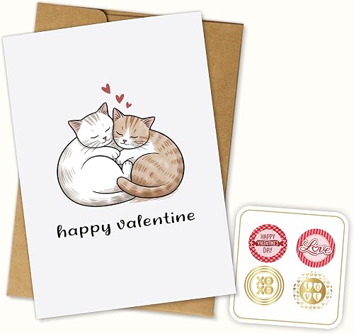 (5.3x8in) Happy Valentine Greeting Card, Cuddling Cat Couple, Blank Inside With 