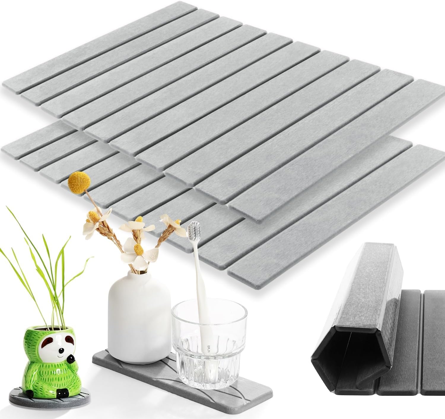 2 Pcs Stone Bath Mat Multipurpose, Foldable Stone Bathmat 23x15 Inch Water Absorbing Drying Mat for Kitchen Counter Bathroom Self Drying Bath Mats Gray Quick Dry Bathmat for Bathroom, Dish, Palnt Dry