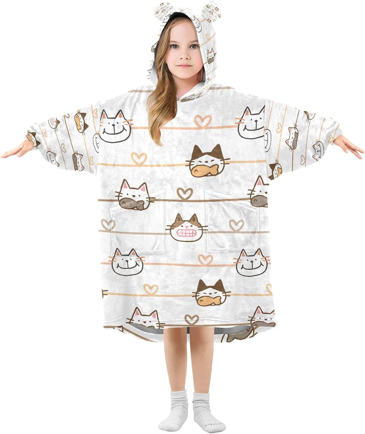 Jihqo Cute Cat Wearable Blankets for Kids Sherpa Hoodie Blanket for