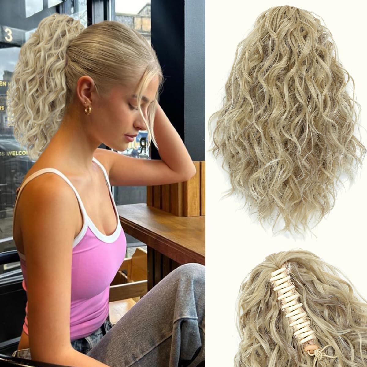 VEGALILY 12 inch Hair Extensions Clip in Bleach Blonde with Brown Highlights Ponytail extension Short Curly Claw Clip Ponytail Synthetic Drawstring ponytail Hair Pieces for Women for Daily Use