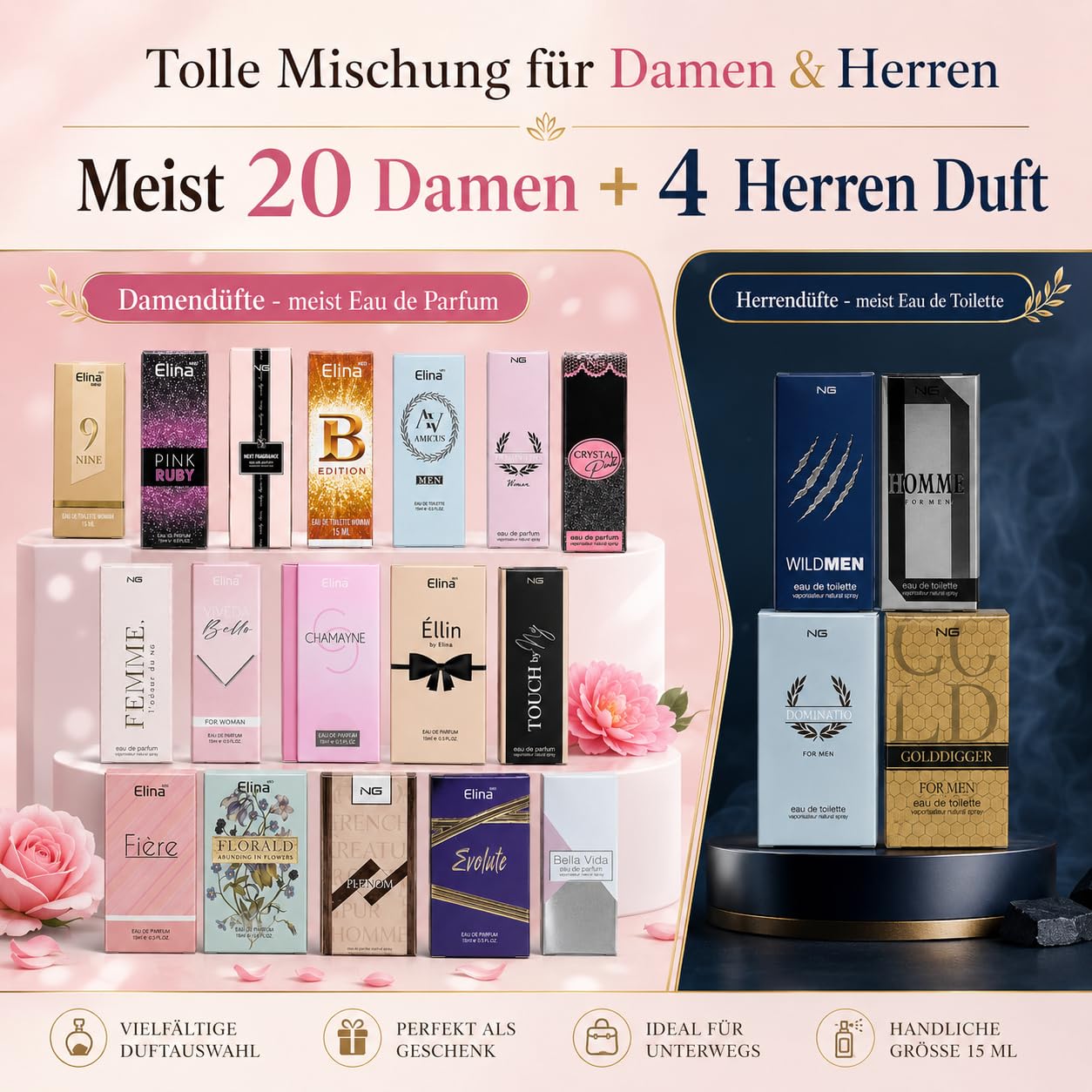 Trend Düfte Set 24 x 15 ml Parfüm für Damen Herren mit Spray Kopf Mini Flakon
