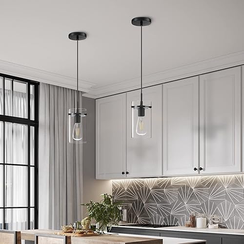 Miniatura 5 de Doraimi Lighting Paquete de 3 lámparas colgantes modernas para isla de cocina, pantalla de vidrio transparente de 4.7 pulgadas, lámpara colgante de