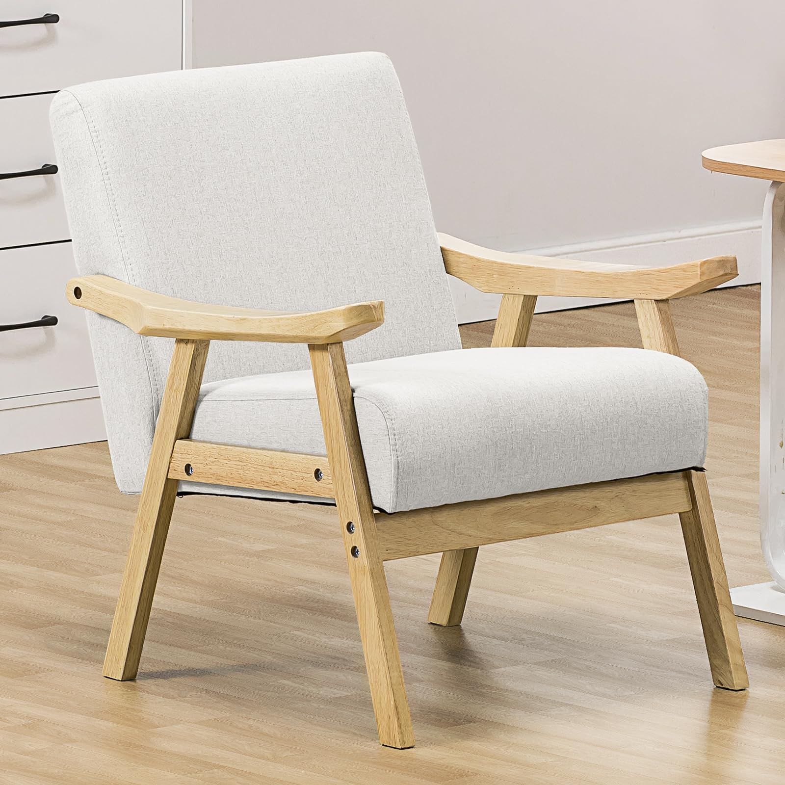 Set Of 2 Mid-Century Modern Accent Chairs – Corduroy Upholstered Armchair With Lumbar Pillow, Solid Wood Frame, Beige