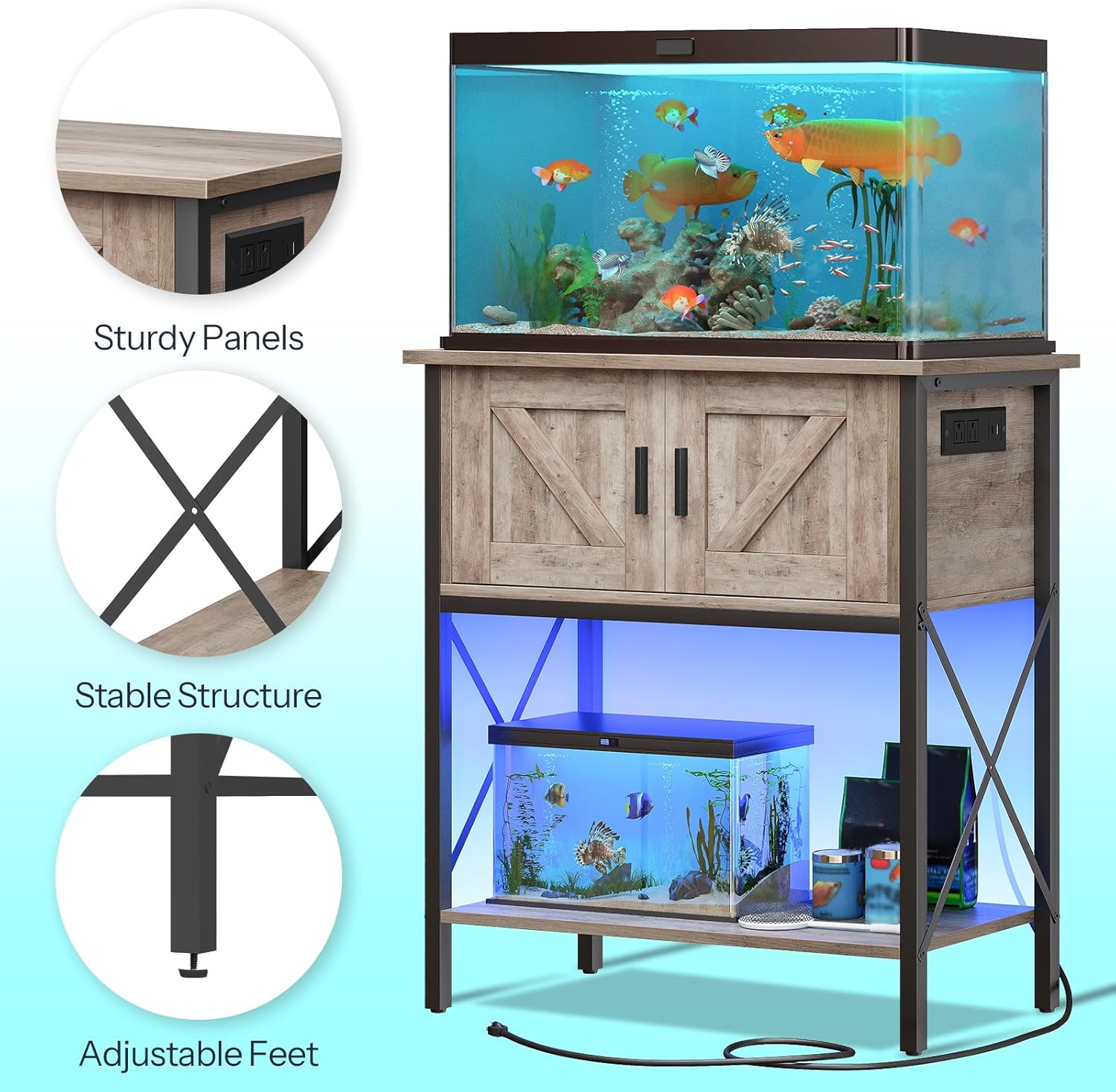 HOOBRO 20 Gallon Fish Tank Stand with Power Outlets and LED Light, Metal Frame Aquarium Stand, Reptile, Turtle Tank Stand with Cabinet Storage, 27.6'' L x 15.7'' W, 300 LBS Capacity, Greige BG40UDFT01