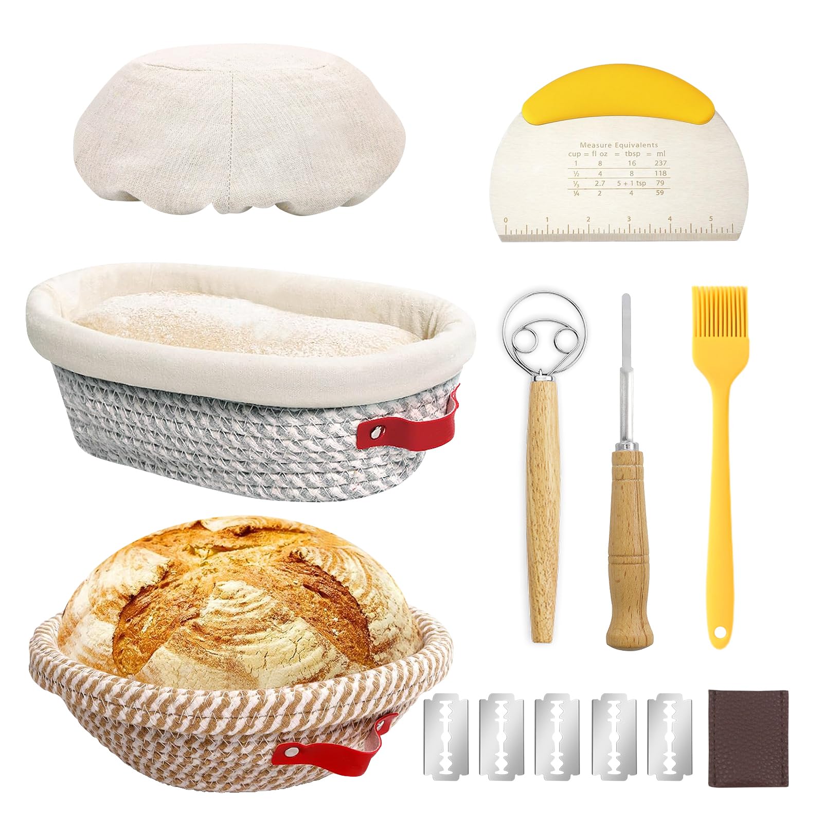 Quoryth Natural Banneton Bread Proofing Basket Set, Oval & Round Bread Baskets With Liners & Covers For Artisan Bread Baking, Sourdough Starter Kit, Sourdough Bread Baking Supplies