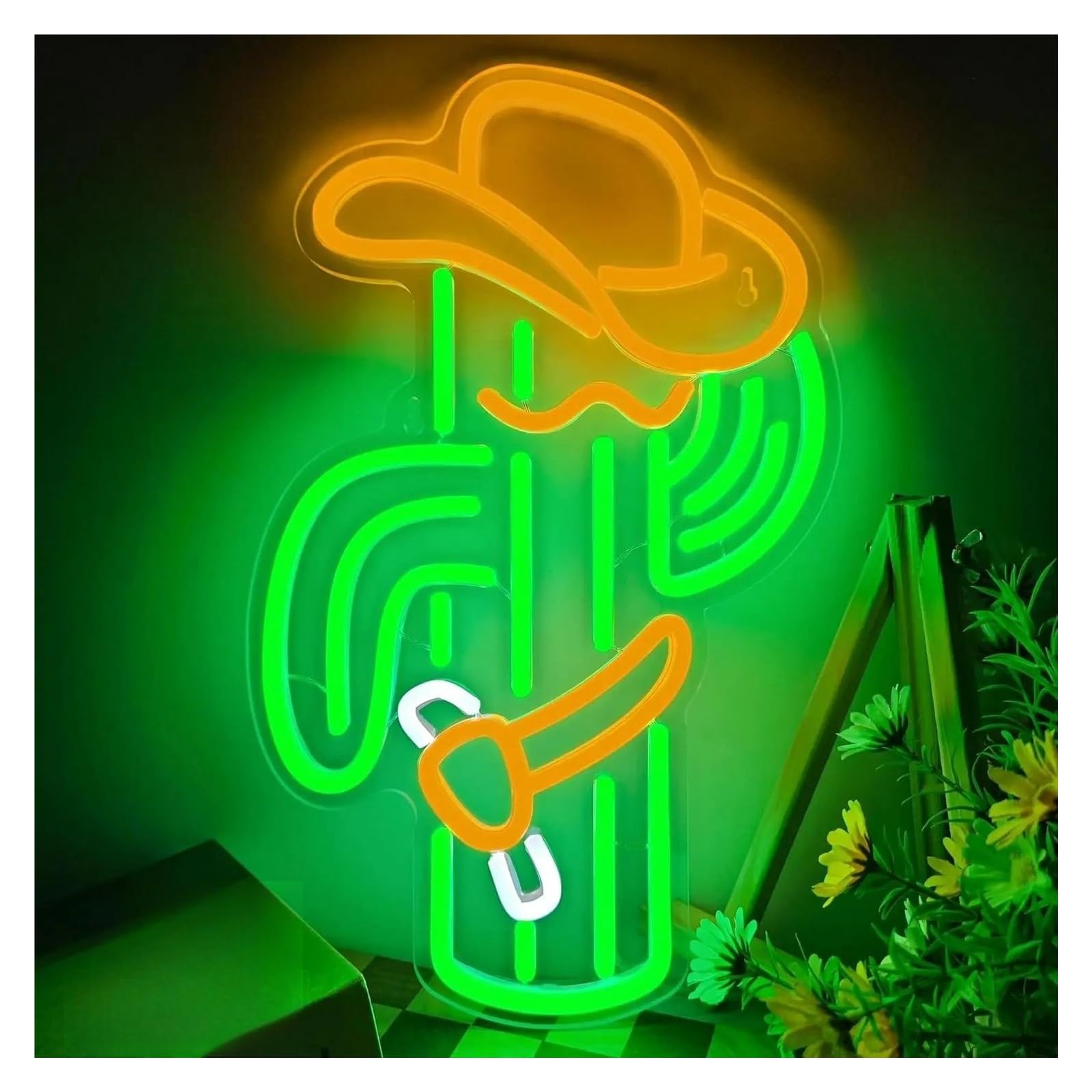 Lemst One Color Signs Lamp Cactus Cowboy Hat Neon Sign Light Dimmable For Bedroom Game Room Home Man Cave Bar Store Wall Decor Usb Powered Lamp 23.6Cmx38cm