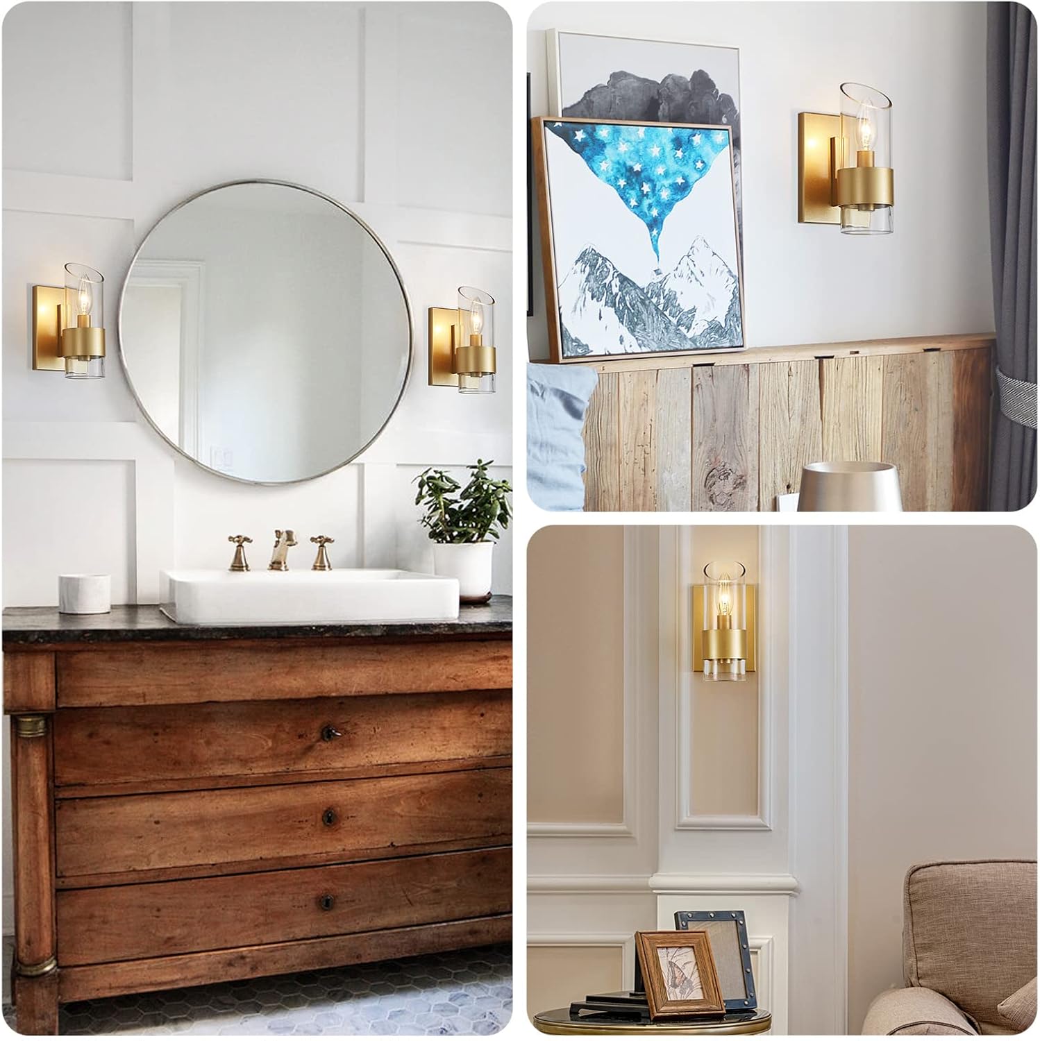 WUZUPS Set of 2 1-Light Bathroom Wall Light Fixture Over Mirror Class Shade Morden Vanity Scones for Bathroom Bedroom Living Room, E12 Base, Gold