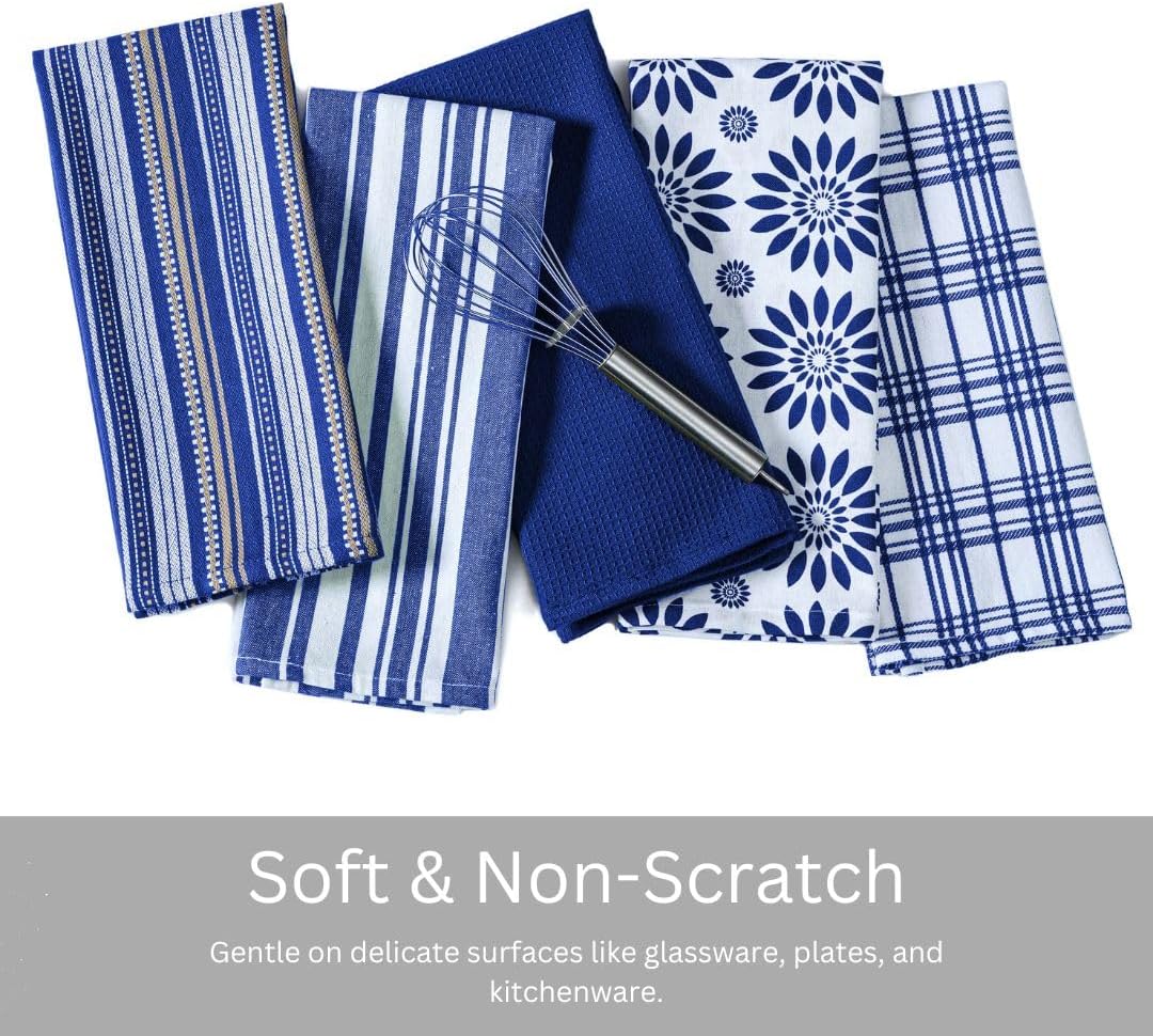 WeWove Assorted Kitchen Towels Set of 5-100% Cotton Dish Cloths Towels with Hanging Loop - Soft Absorbent Washable Reusable for Kitchen Use - Quick Drying 16x26 inch Dish Towels Blue