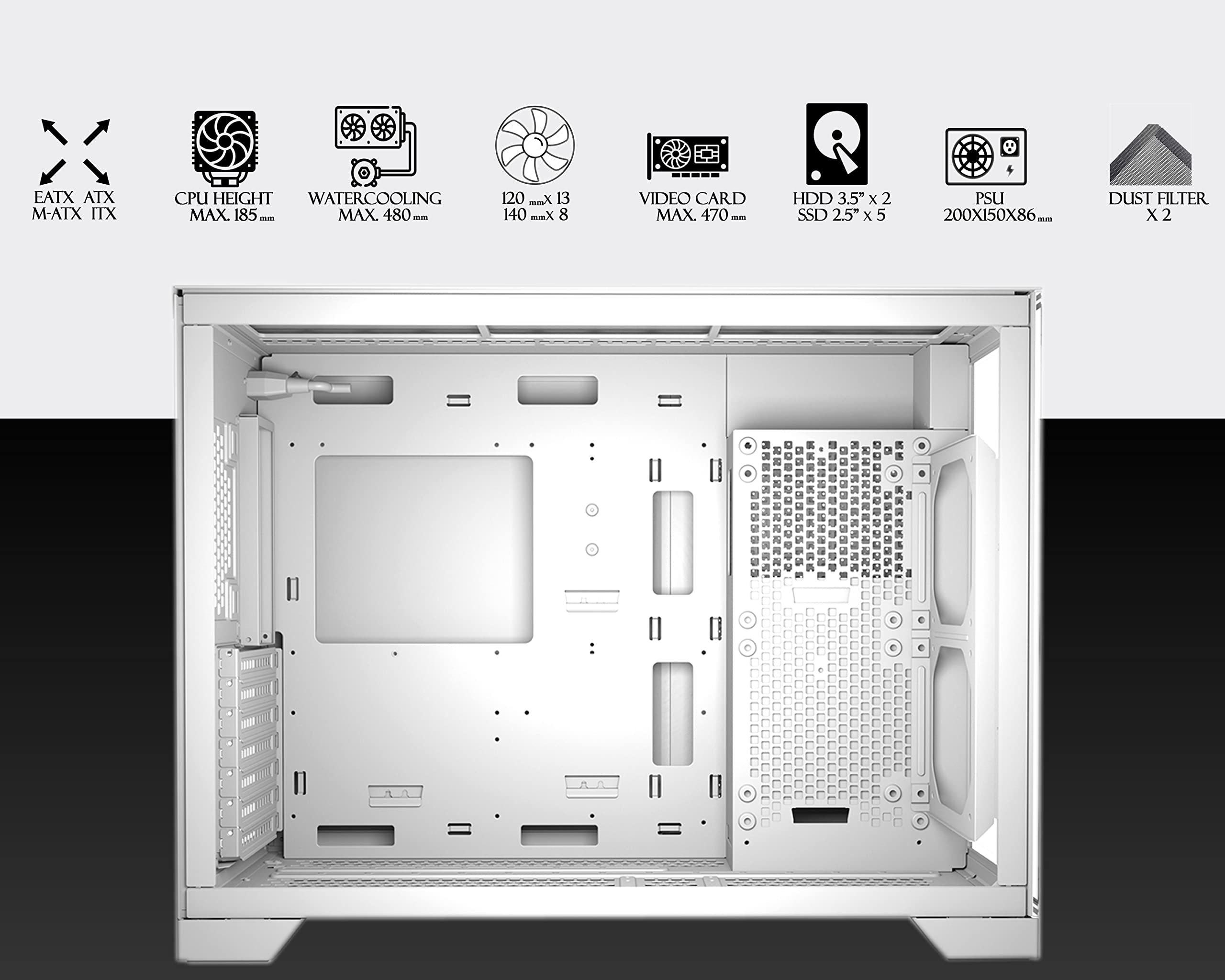 P480MB-E RGB ATX PC obudowa (4 x 12 cm modułowy wentylator ARGB Pirate Oko, zarządzanie kablami, 10-portowy koncentrator wentylatora, PWM, SYNC) czarna