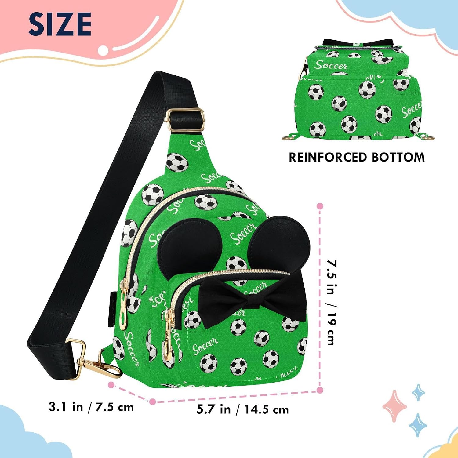 Sinestour Soccer Ball Kids Sling Bag for Girls, 3.1x5.7x7.5Inches | Crossbody Fanny Pack, Toddler Purse, Cute Sling Belt Bag with Ears, 2L Small Shoulder Chest Bag for Travel