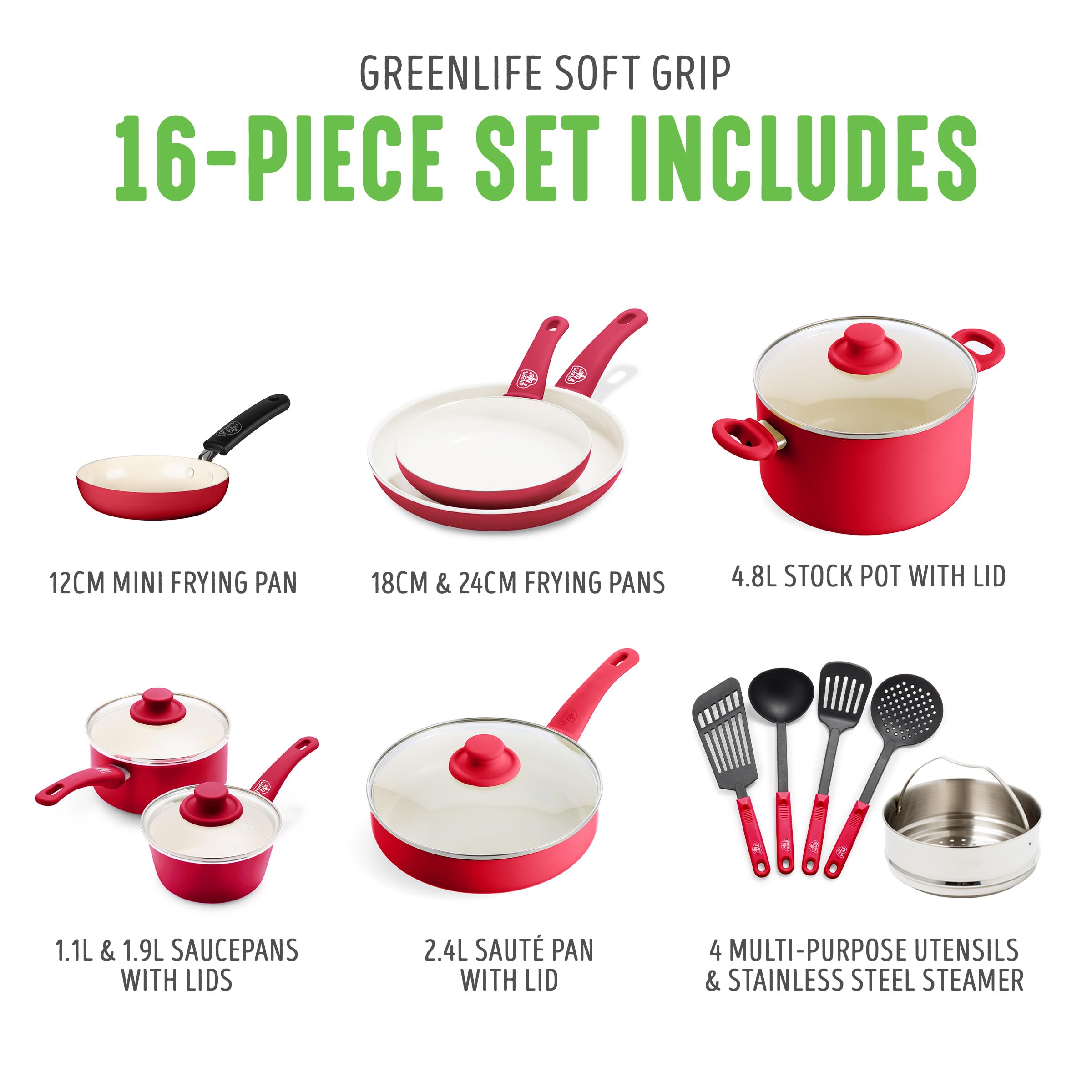 GreenLife Soft Grip Batterie de Cuisine avec Revêtement Antiadhésif Sain en Céramique Sans PFAS 16 Pièces, Avec des Poêles, Casseroles, Faits-touts, Marmites, Lave-vaisselle, Compatible au Four, Rouge