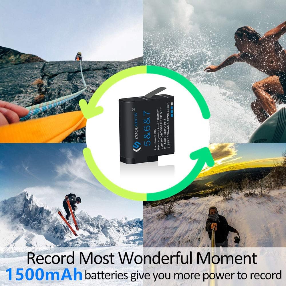 COOLSHOW Hero 7 6 5 Battery Replacement (2 Packs) and Triple Hero 7 Charger Compatible with GoPro Hero 7 Black,Hero 6 Black, Hero 5 Black, Hero 2018 and Charger Compatible with Hero 8