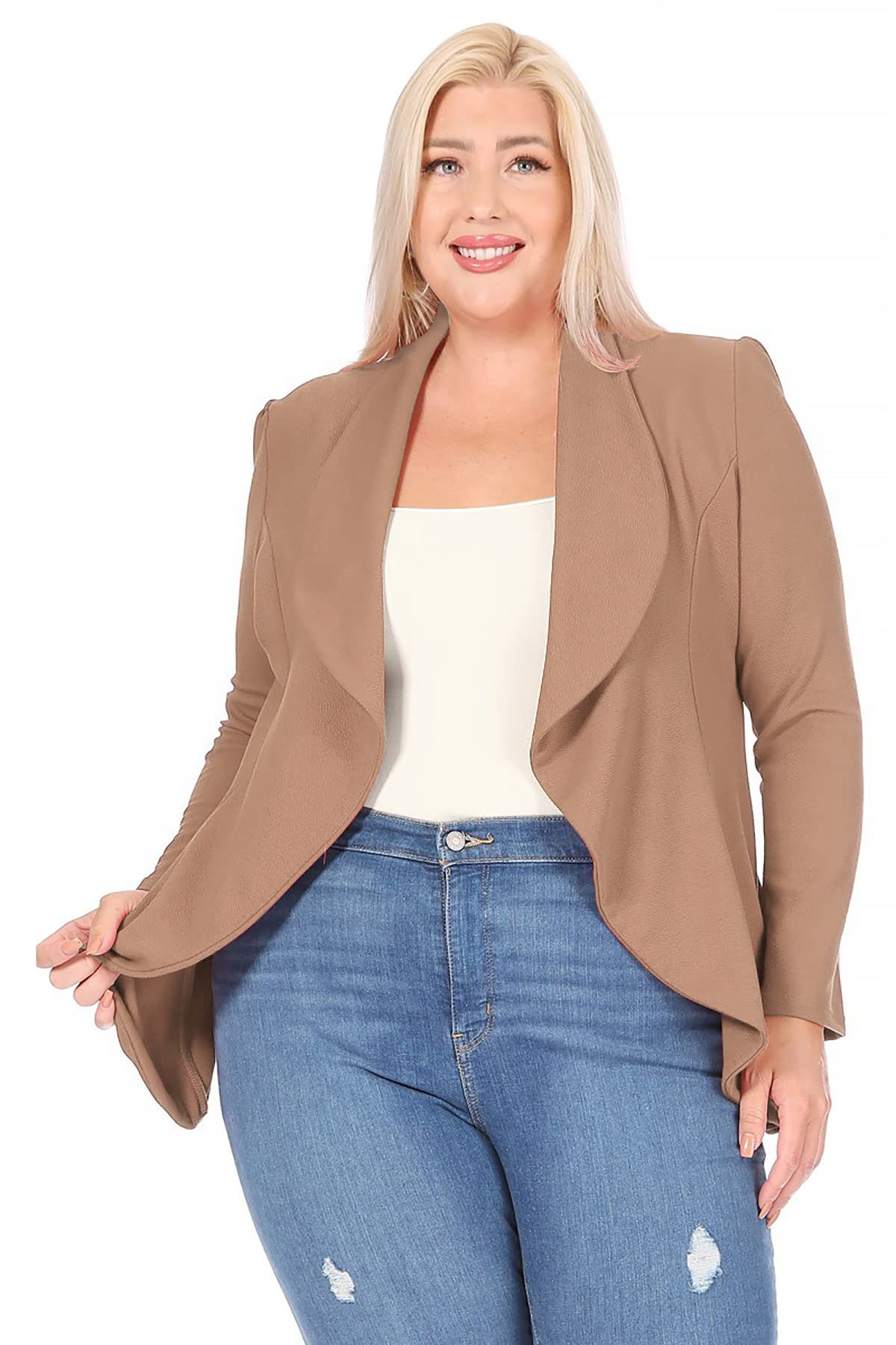 Womens Plus Size Solid Long Sleeve Waist Length Open Front Office Blazer Jacket