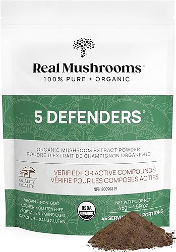 Extracto mezcla de hongos 5 Defenders de Real Mushrooms polvo de hongos chaga reishi shiitake maitake y Turquía orgánica defensa inmune 158 onzas
