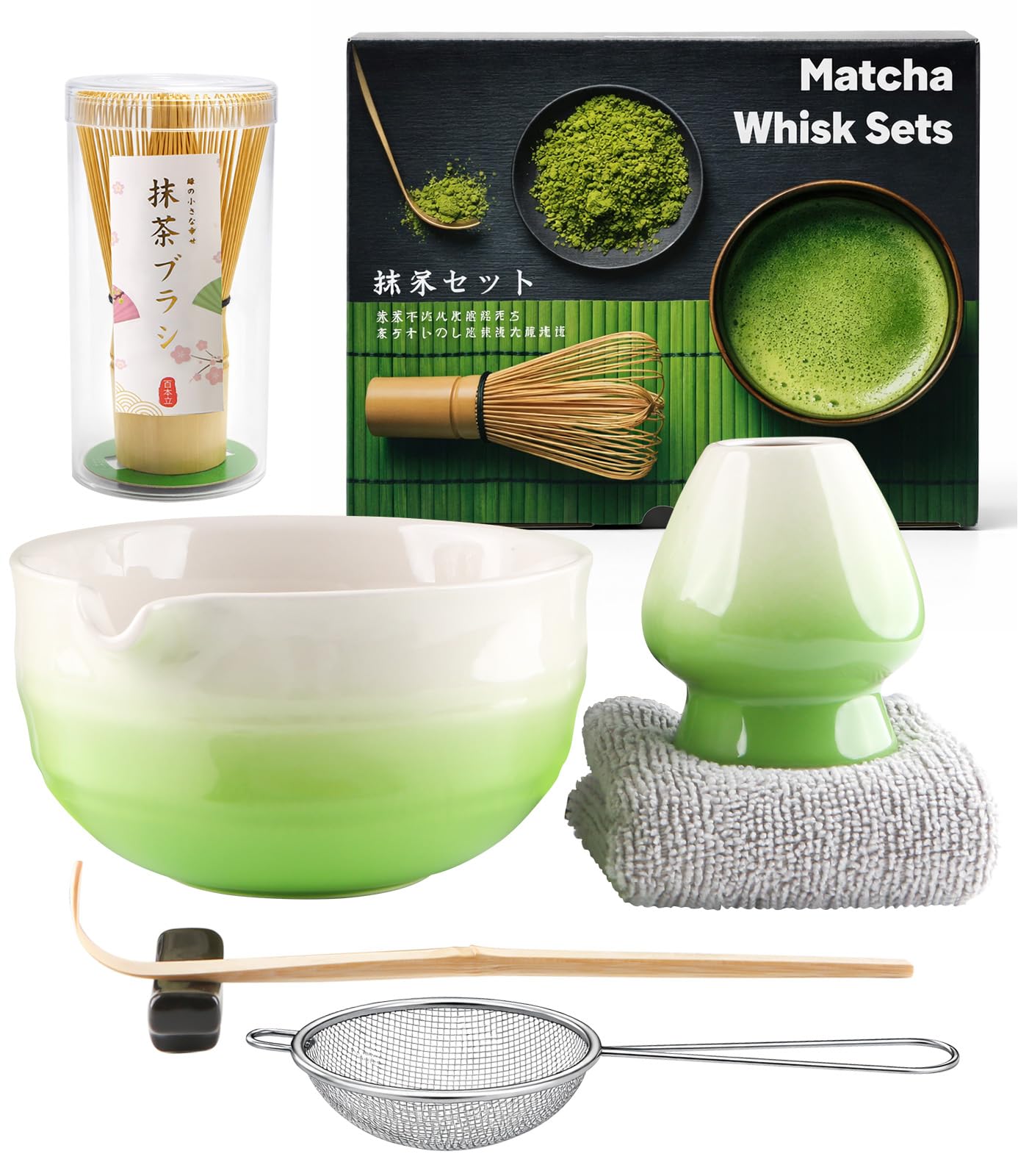 7 Pcs Matcha Set,Matcha Tea for Making Breakfast/Latte,Whisk Set and Bowl with All Accessories,Gift for Lover，Gradient Green Bowl,Bamboo Stirrer