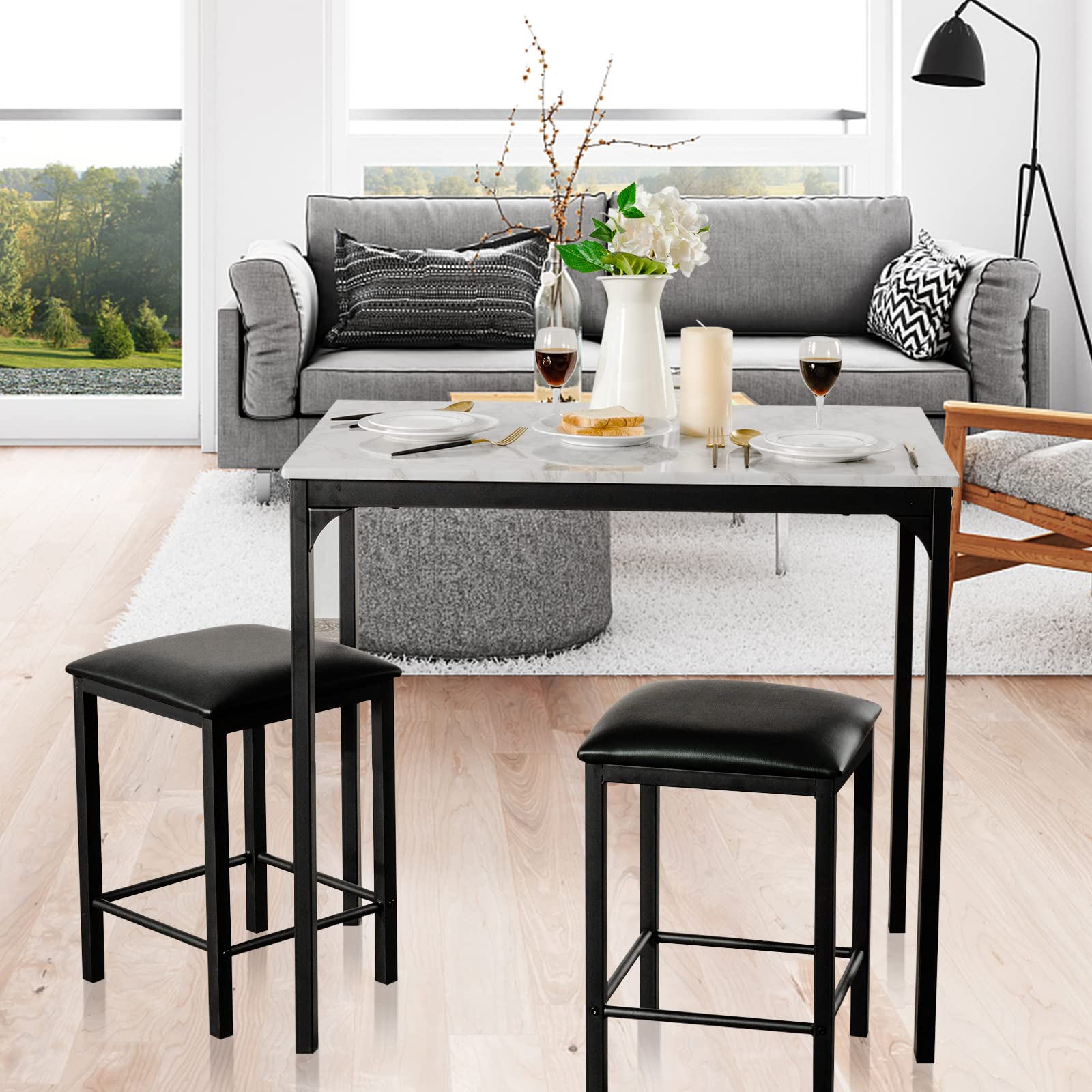 HOMASIS Tavolo Alto Bar con 2 Sgabelli, Tavolo da Pranzo in Legno, Set di 3 Pezzi da Soggiorno, Penisola Cucina con Sgabelli, 90 x 60 x 82 cm (Bianco)